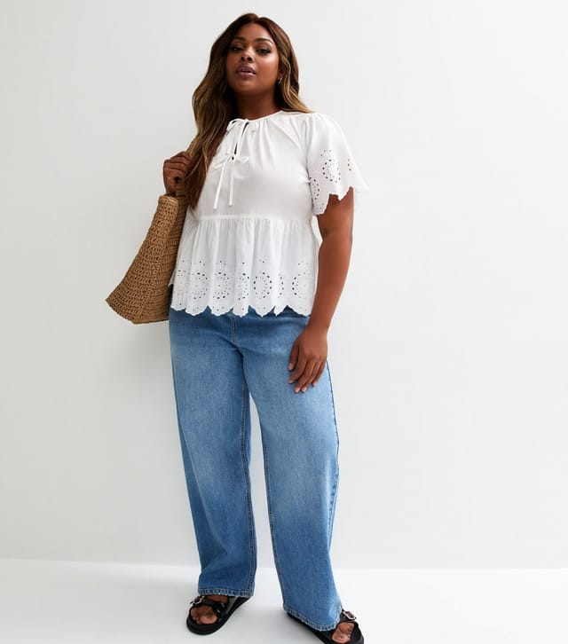 New Look Women's Plus Size White Broderie Hem Tie Front Top Curves New Look - 3