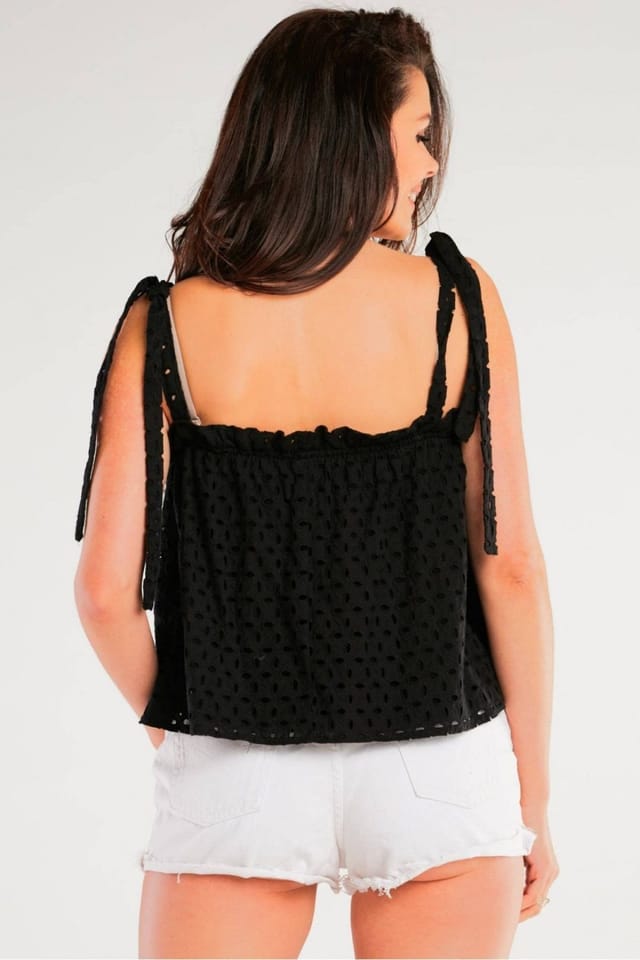 Love Lace Love Lace Women's Short Openwork Loose Blouse with Tied Straps in Black - 3