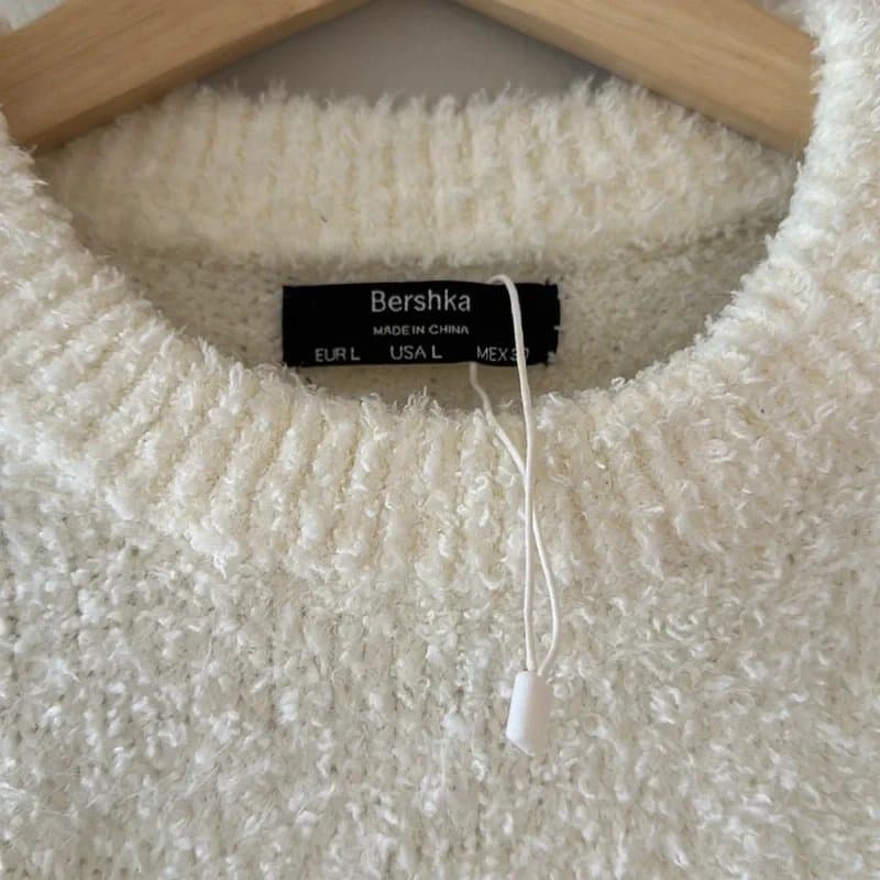 Bershka Like New Bershka Fuzzy Cream Crewneck Cropped Sweater