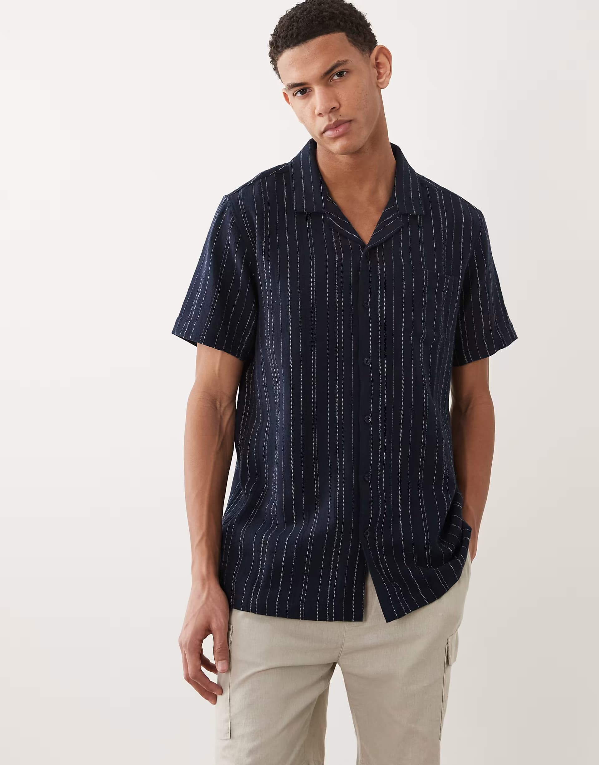 ASOS Brave Soul textured short sleeve shirt in navy and cream stripe