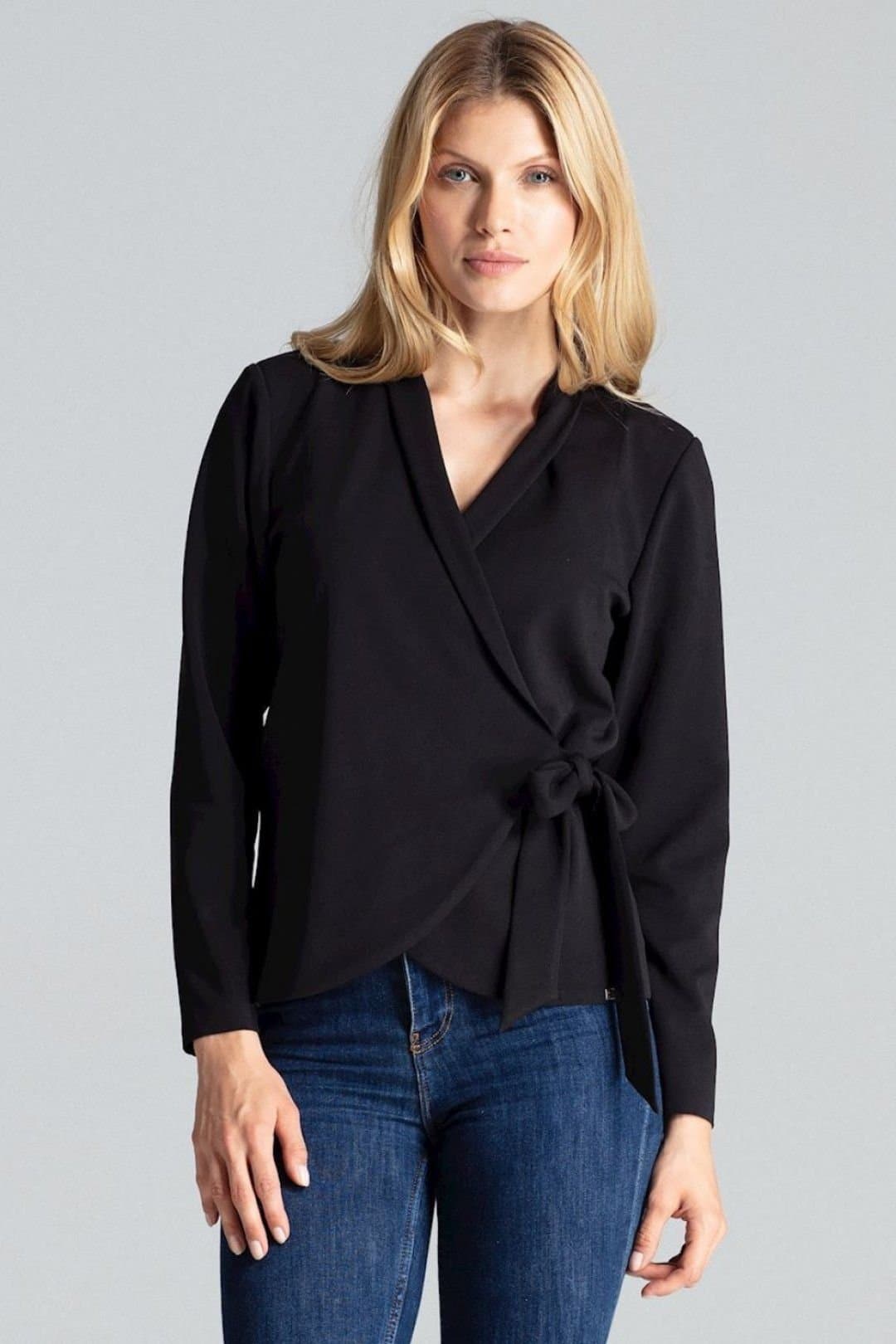 Love Lace Love Lace Women's Loose Fit Tie Waist Long Sleeve Blouse Jacket in Black