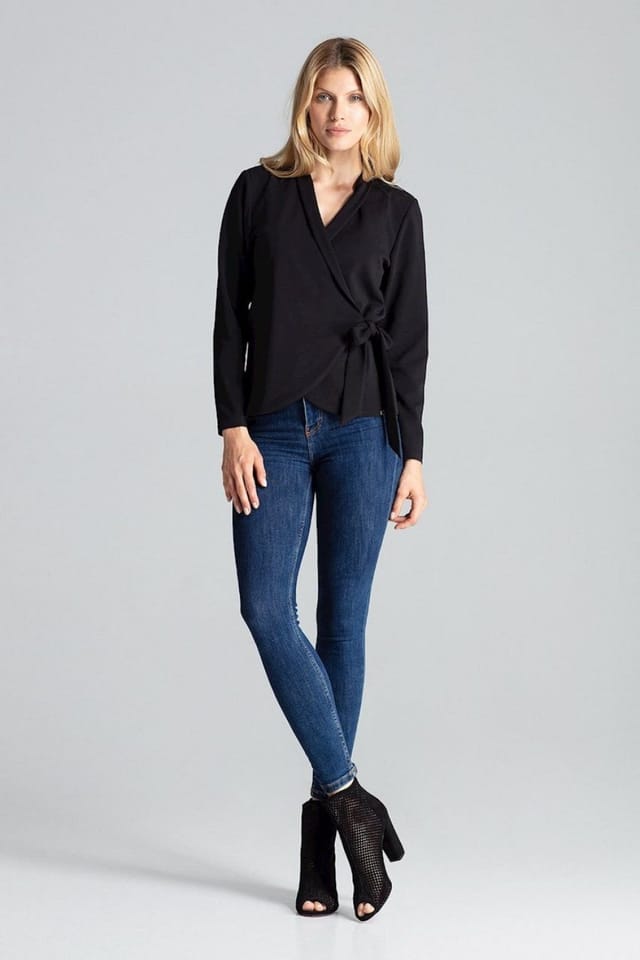 Love Lace Love Lace Women's Loose Fit Tie Waist Long Sleeve Blouse Jacket in Black - 2