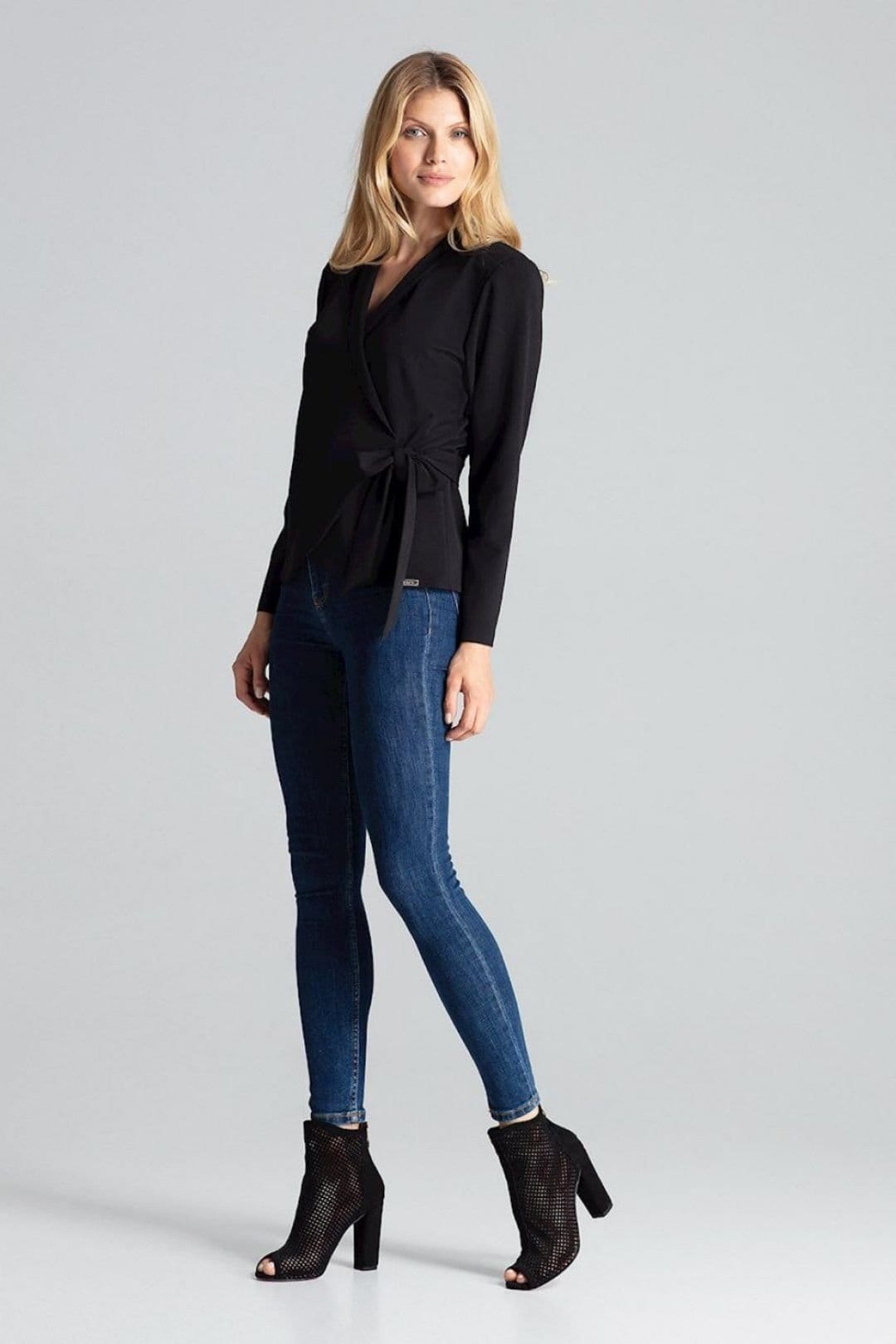 Love Lace Love Lace Women's Loose Fit Tie Waist Long Sleeve Blouse Jacket in Black - 4