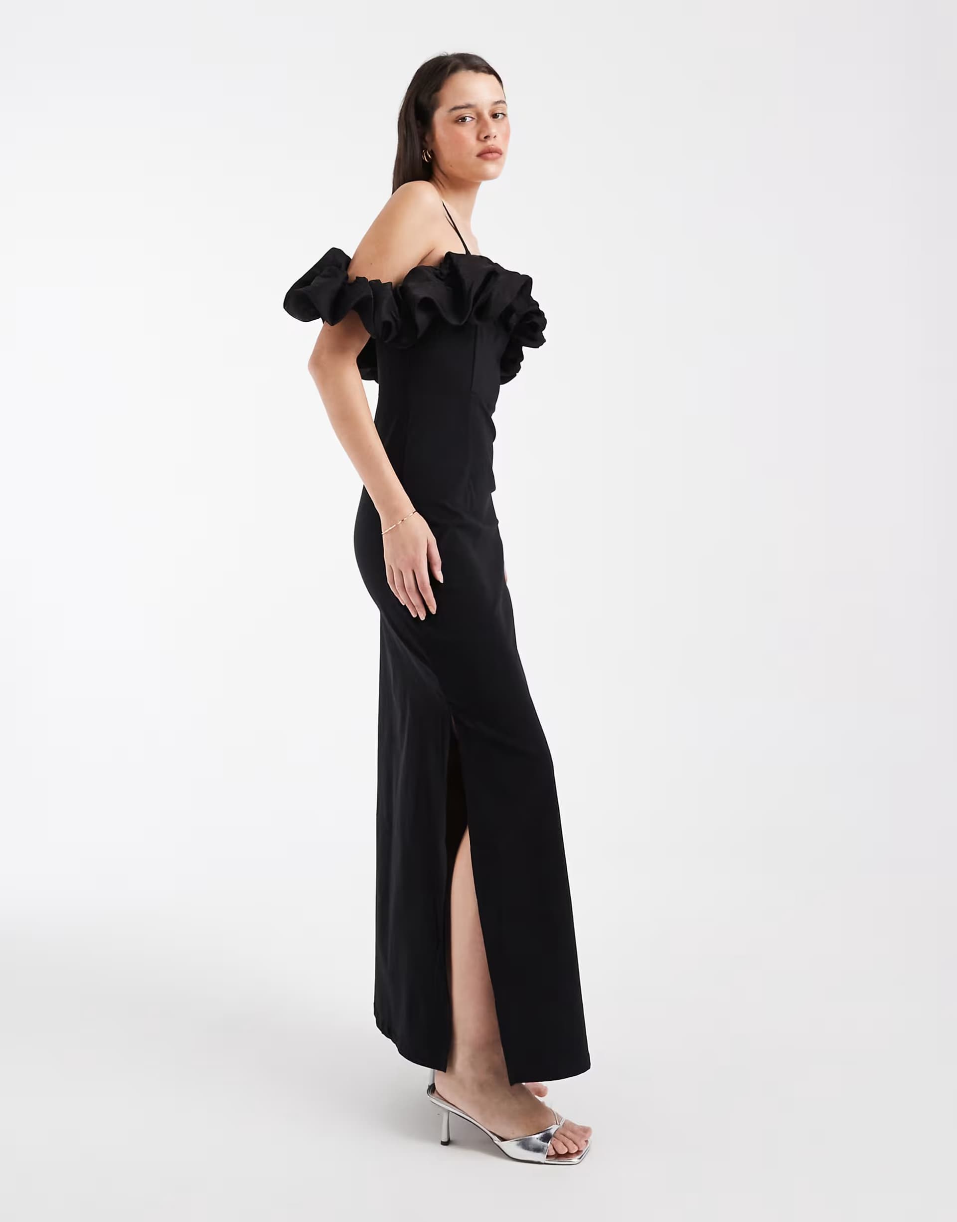 ASOS Object extreme off the shoulder satin ruffle trim maxi dress in soft black