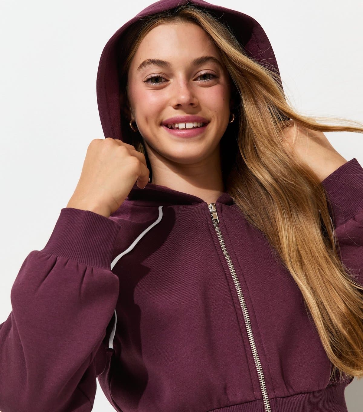 New Look Girls' Dark Burgundy Contrast Piping Zip Through Hoody New Look