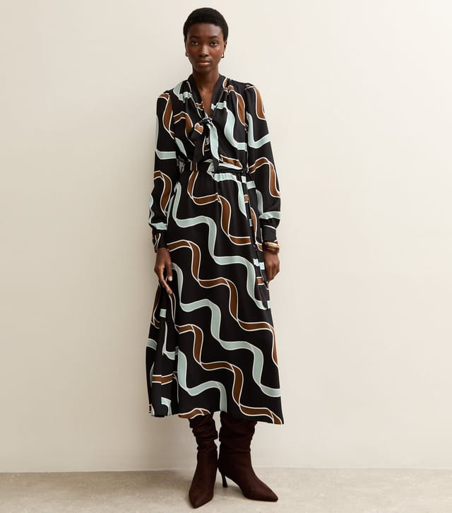 New Look Women's Tall Black Ribbon Print Long Sleeve Midi Dress New Look - 3