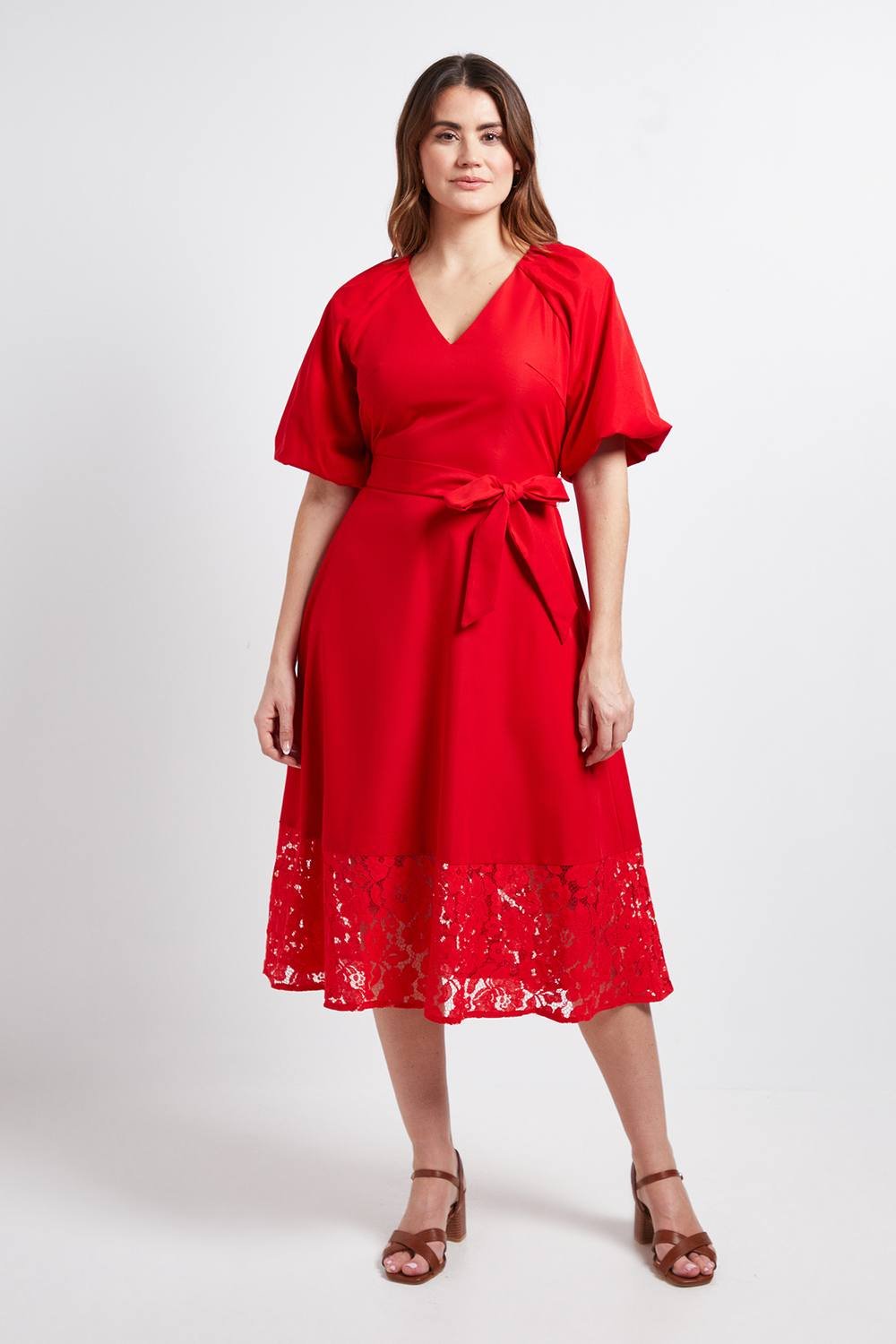 Wallis Wallis Women's Puff Sleeve Lace Trim Midi Dress in Red - 2