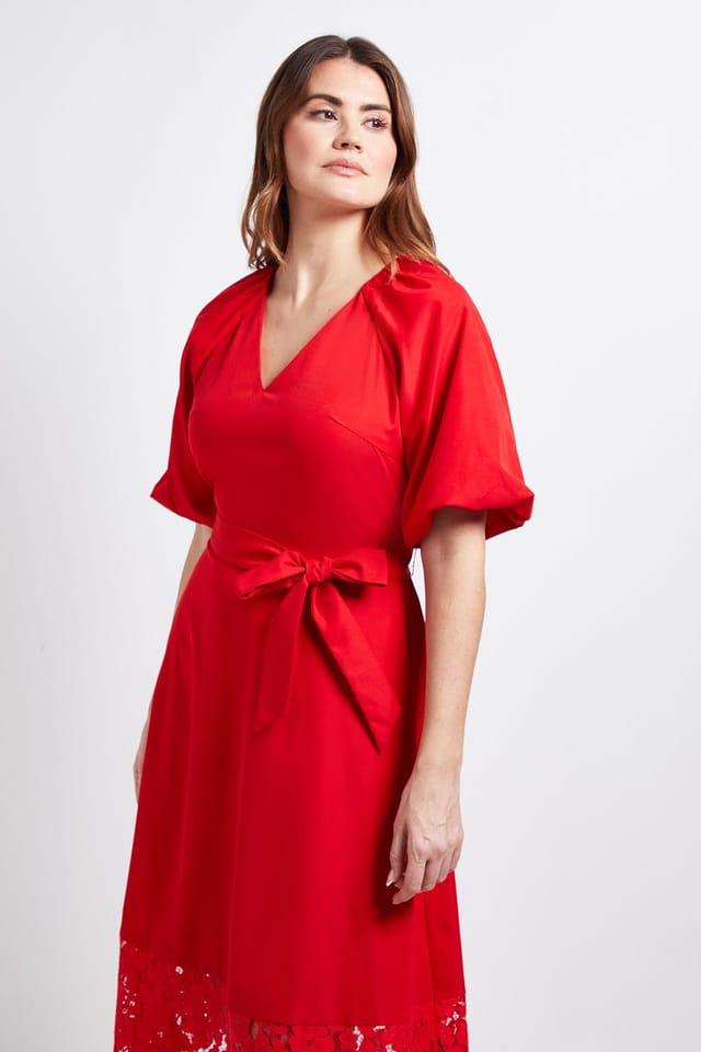 Wallis Wallis Women's Puff Sleeve Lace Trim Midi Dress in Red - 2