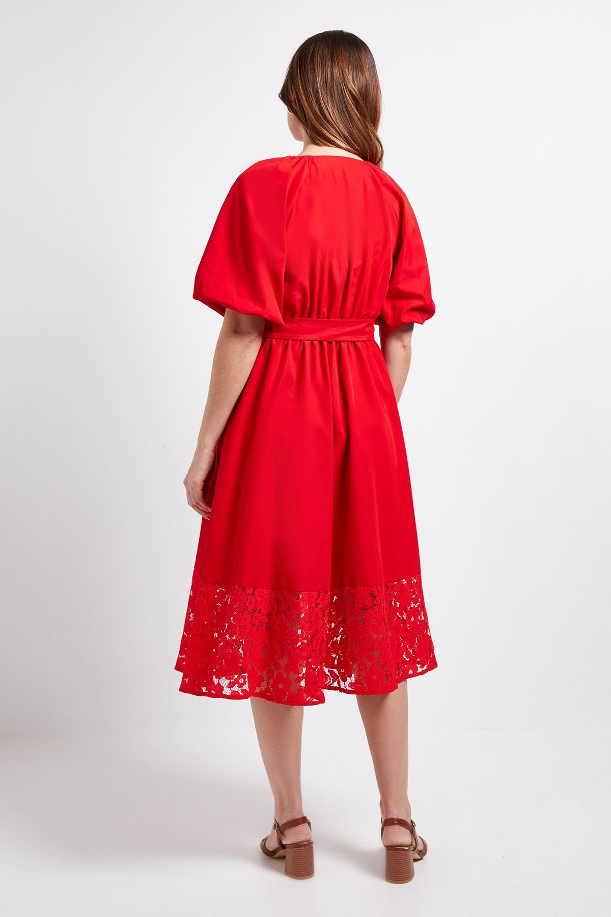 Wallis Wallis Women's Puff Sleeve Lace Trim Midi Dress in Red - 3