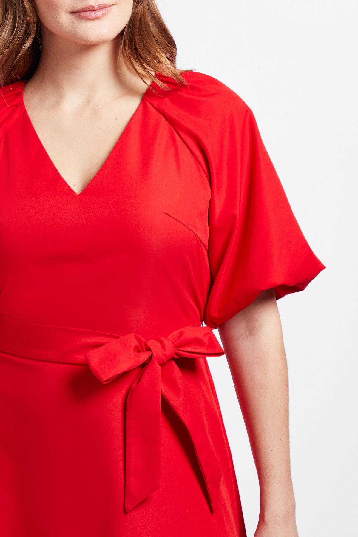 Wallis Wallis Women's Puff Sleeve Lace Trim Midi Dress in Red - 4