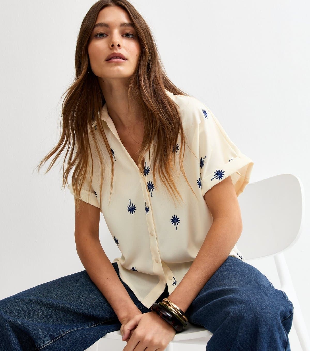 New Look Women's White Palm Tree Print Short Sleeve Shirt New Look