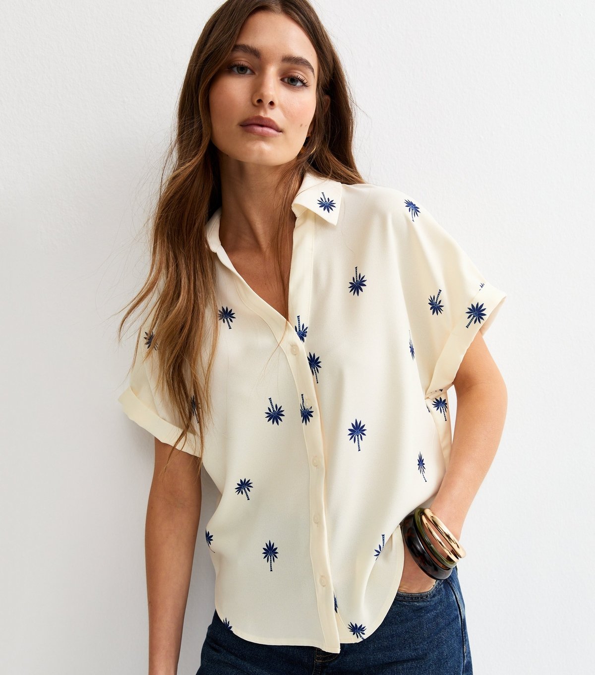 New Look Women's White Palm Tree Print Short Sleeve Shirt New Look - 4