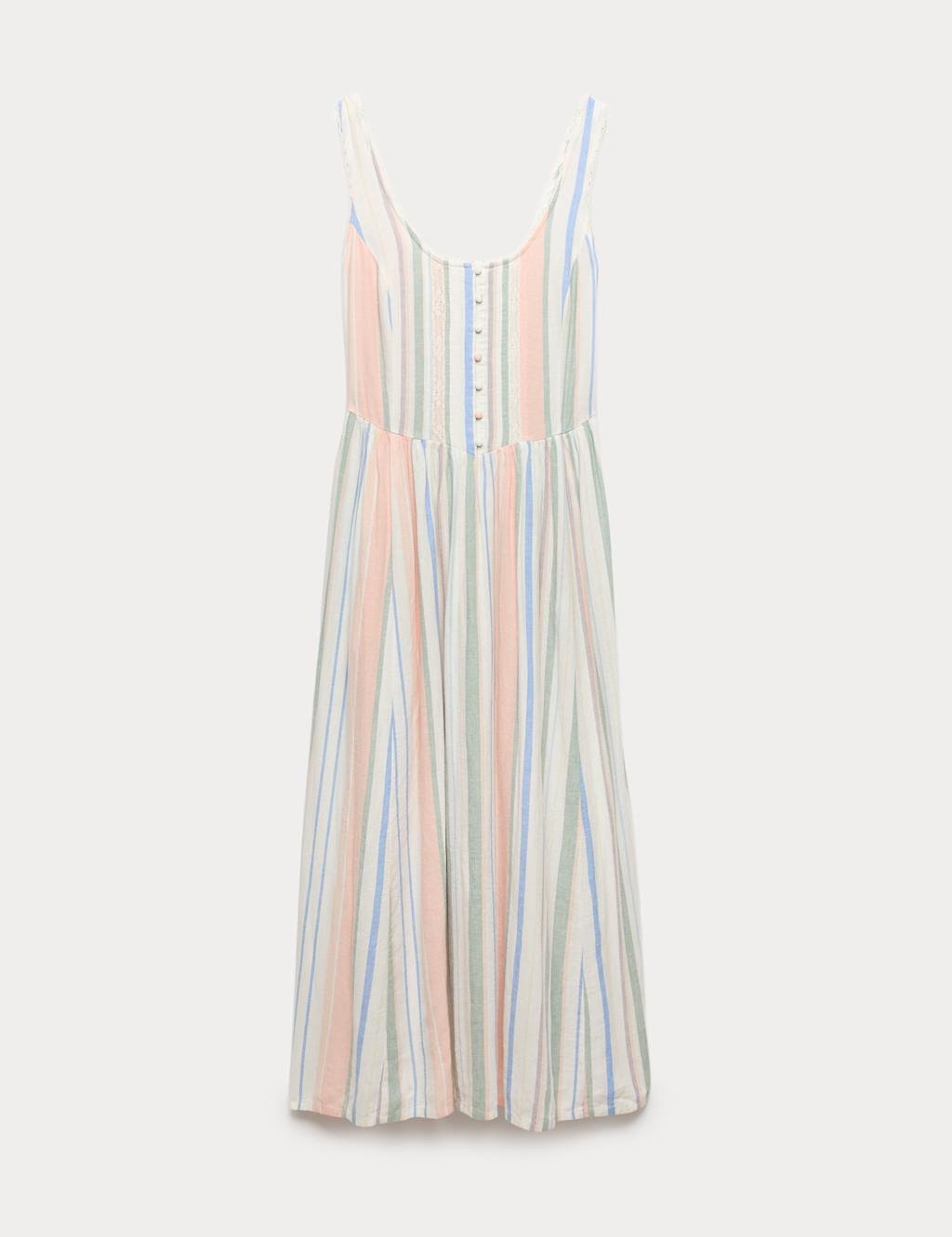 Marks & Spencer M&S Linen Rich Lace Insert Strappy Midi Shift Dress Pink Mix - 2