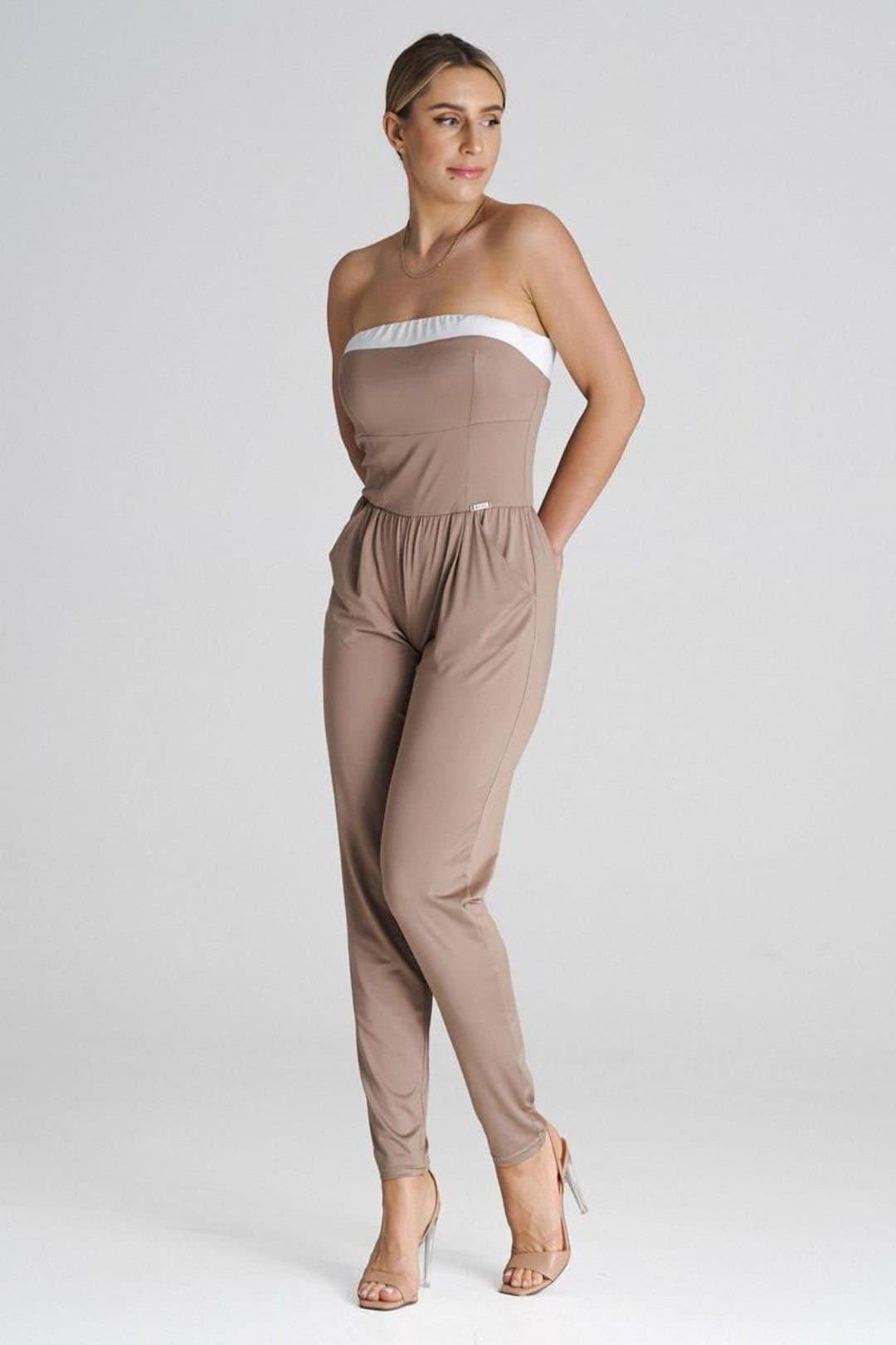 Love Lace Love Lace Women's Strapless Loose Jumpsuit with Pleated Legs in Beige