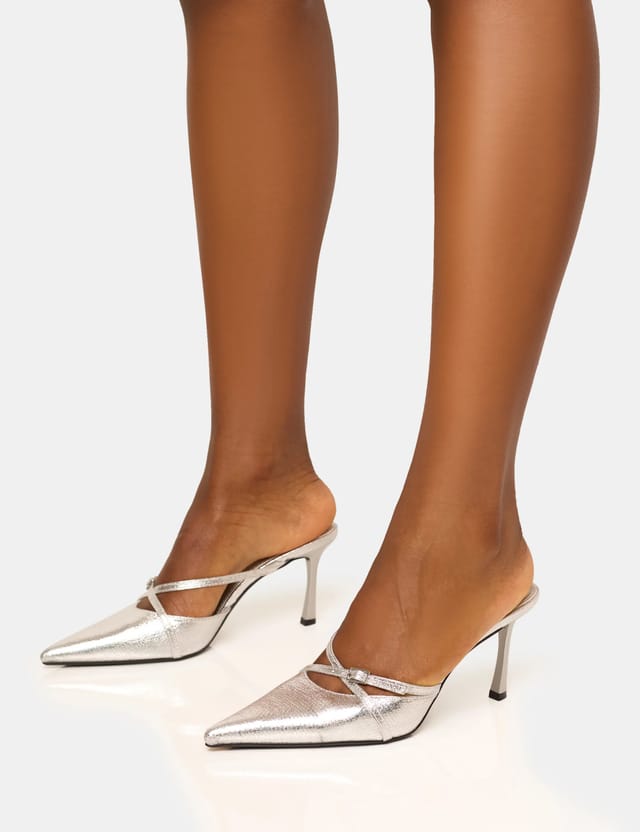 Public Desire Casanova Cracked Silver Buckle Detail Pointed Toe Mid Heel Mules - 3