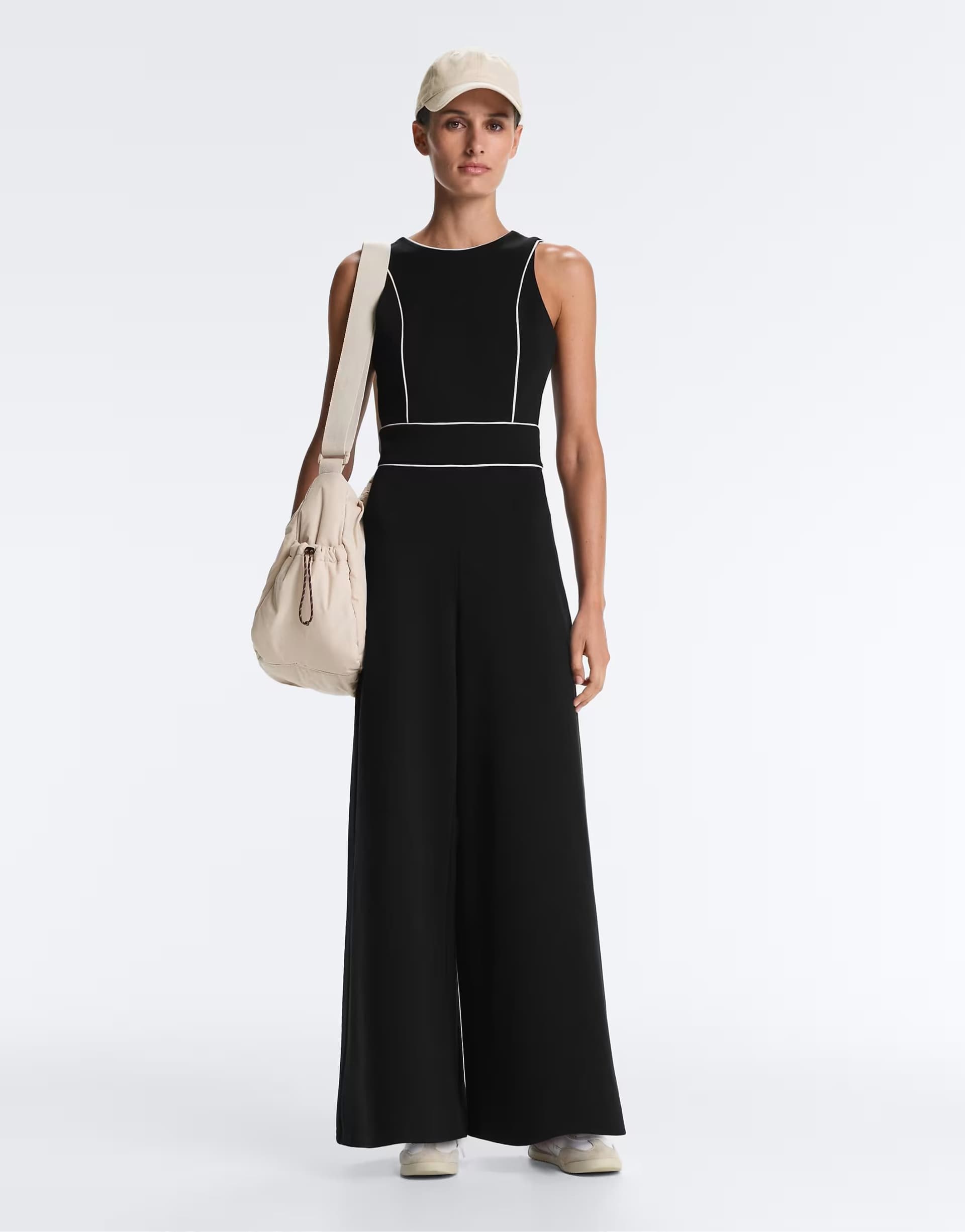 ASOS OYSHO Long piping pique jumpsuit with cotton in black