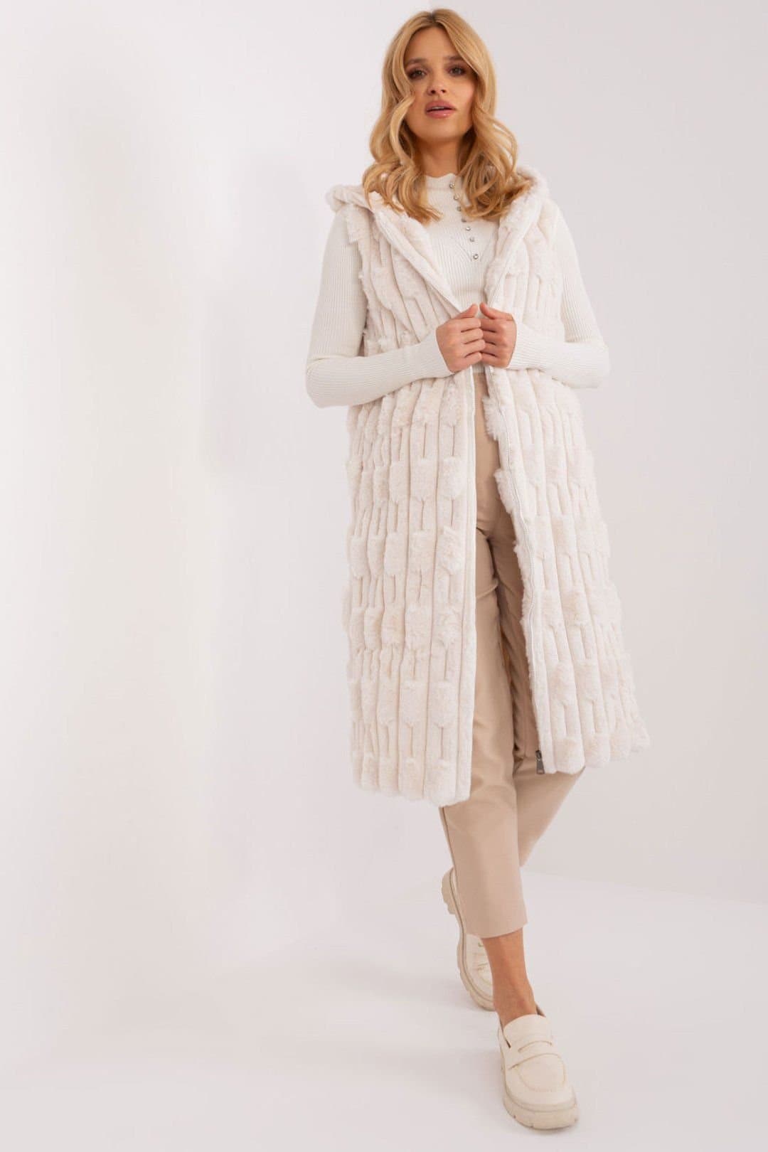 Love Lace Love Lace Women's Hooded Fur Vest with Zipper Front in Cream