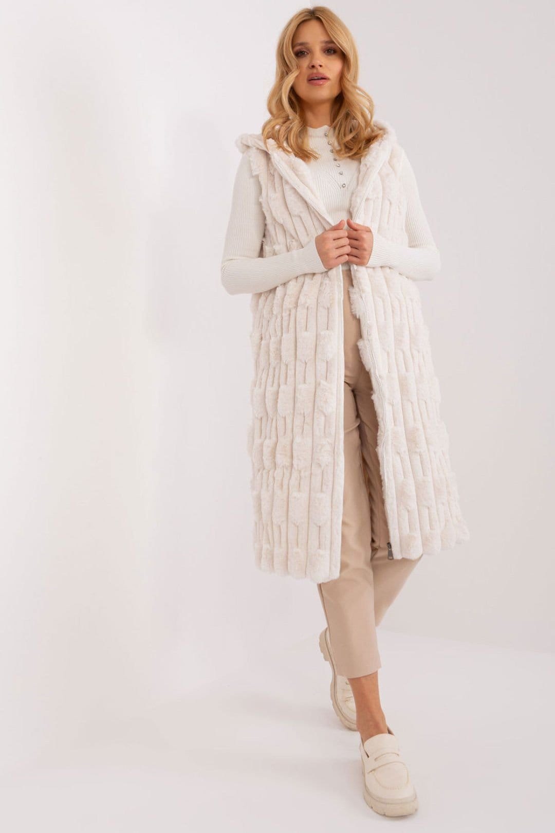 Love Lace Cream Fur Vest with Hood and Zipper Front