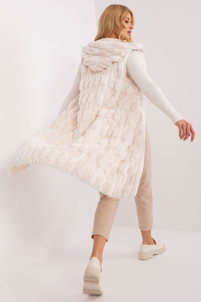 Love Lace Love Lace Women's Hooded Fur Vest with Zipper Front in Cream - 2