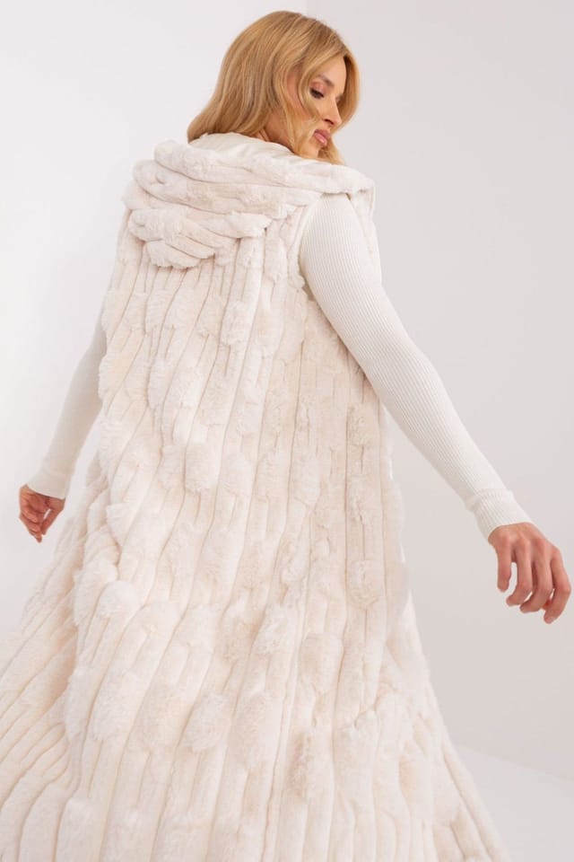 Love Lace Love Lace Women's Hooded Fur Vest with Zipper Front in Cream - 3
