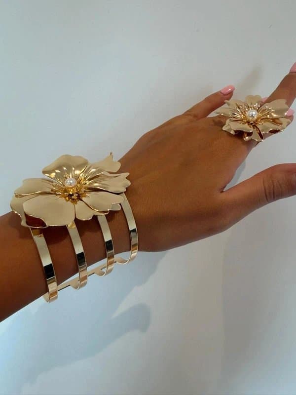 ASOS Gold Tone Floral Pearl Centre Ring & Cuff Bracelet Set