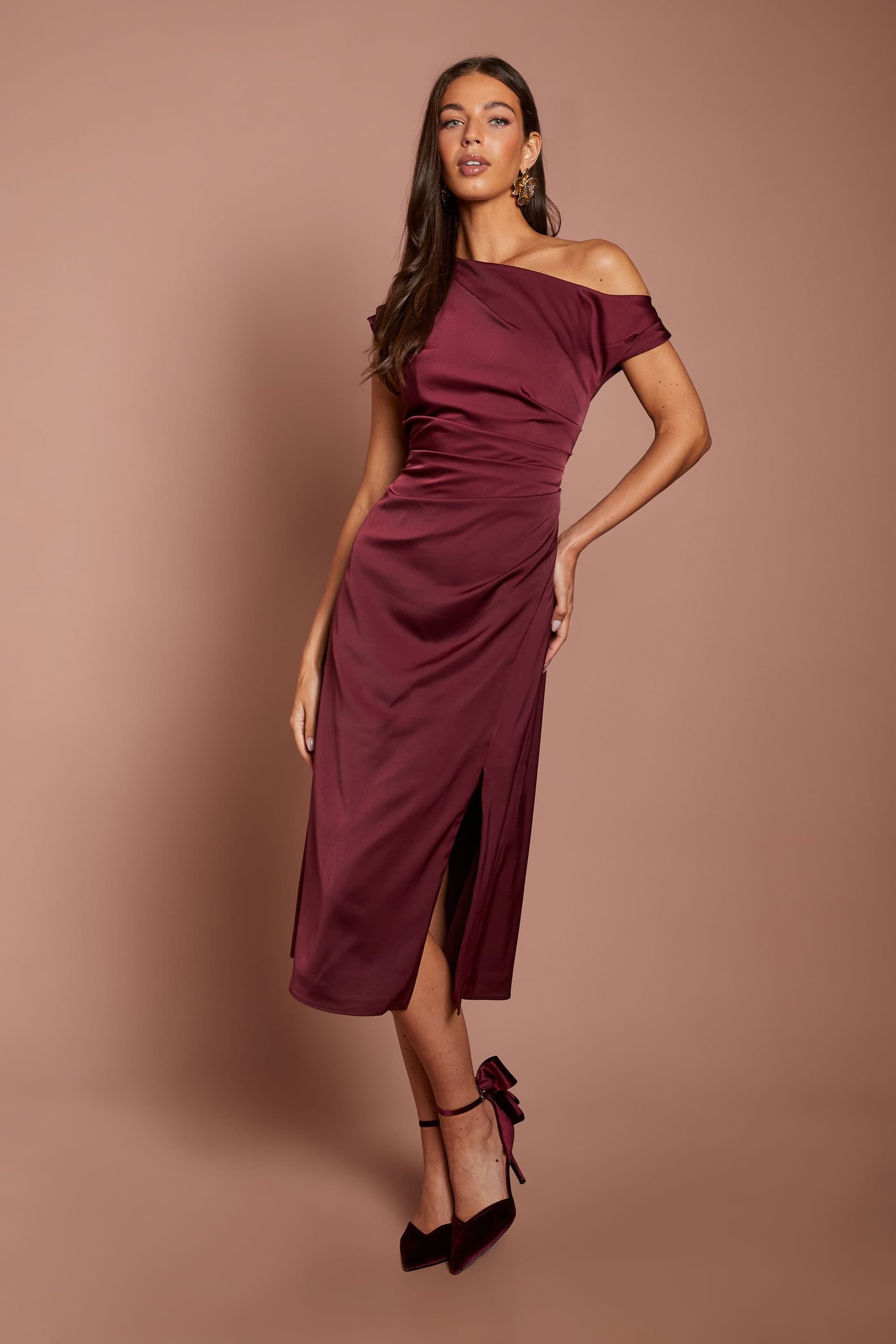Coast Coast Women's Off Shoulder Satin Side Tie Midi Dress in Fig