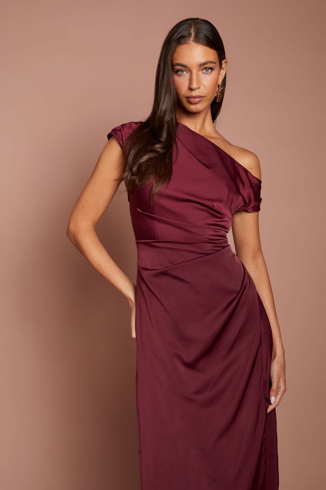 Coast Coast Women's Off Shoulder Satin Side Tie Midi Dress in Fig - 2
