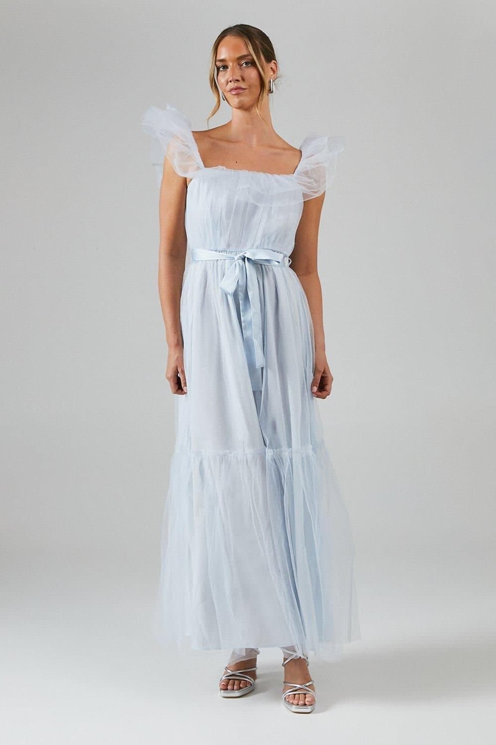 Debut London Debut London Women's by Coast Bardot Tiered Mesh Bridesmaid Dress in Ice Blue