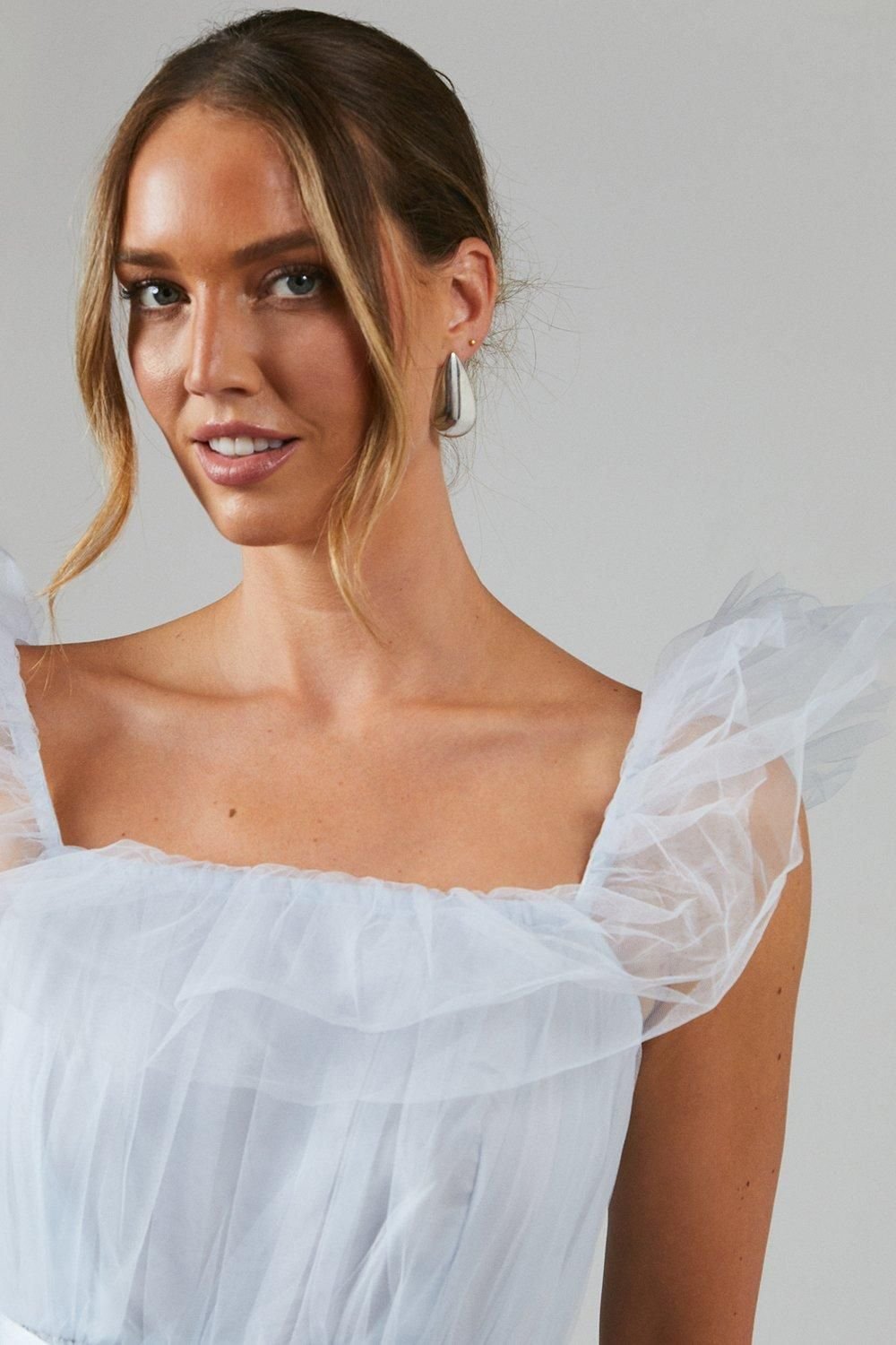 Debut London Debut London Women's by Coast Bardot Tiered Mesh Bridesmaid Dress in Ice Blue - 4