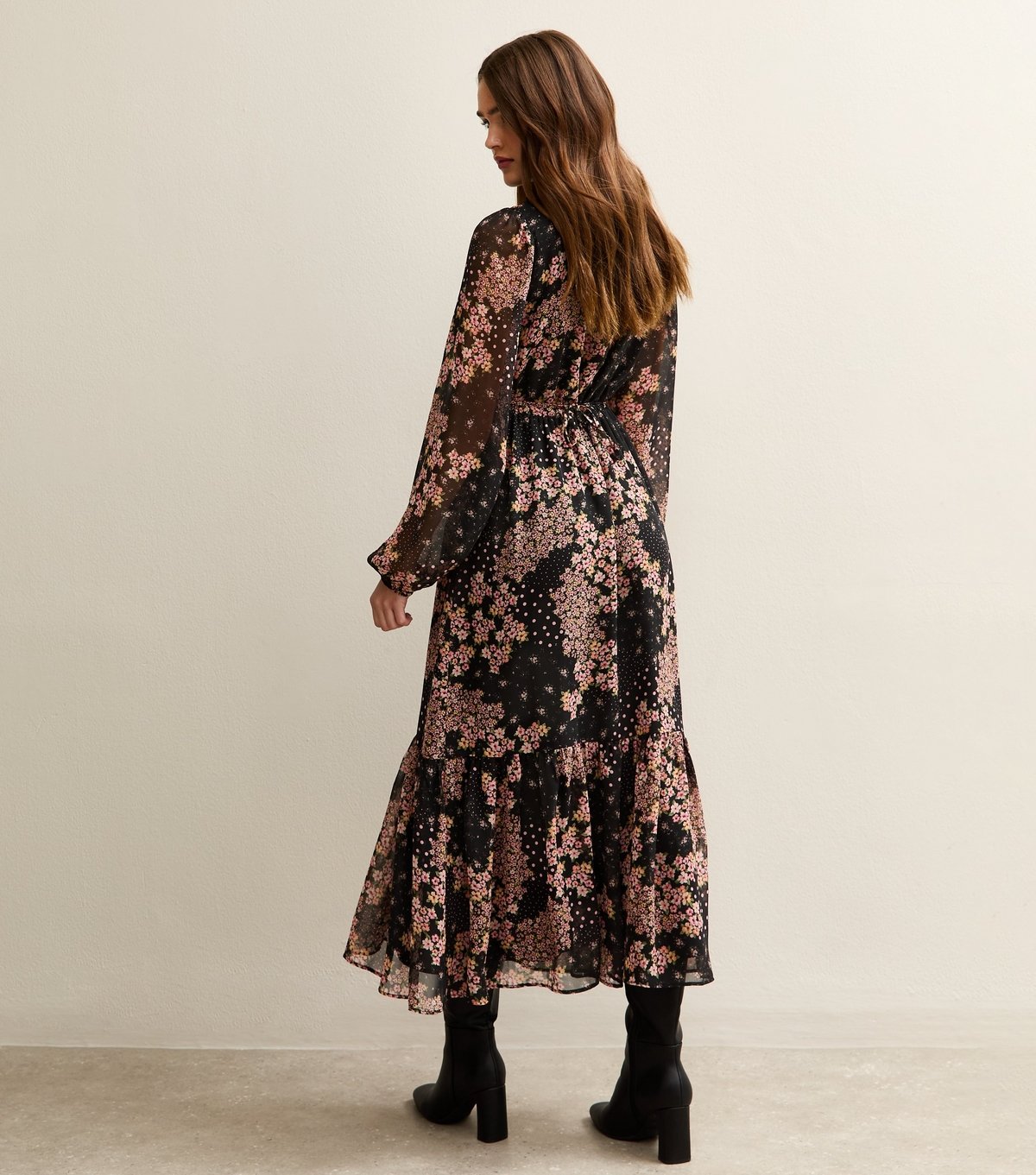 New Look Women's Black Floral Print Tie Neck Chiffon Midi Dress New Look - 4