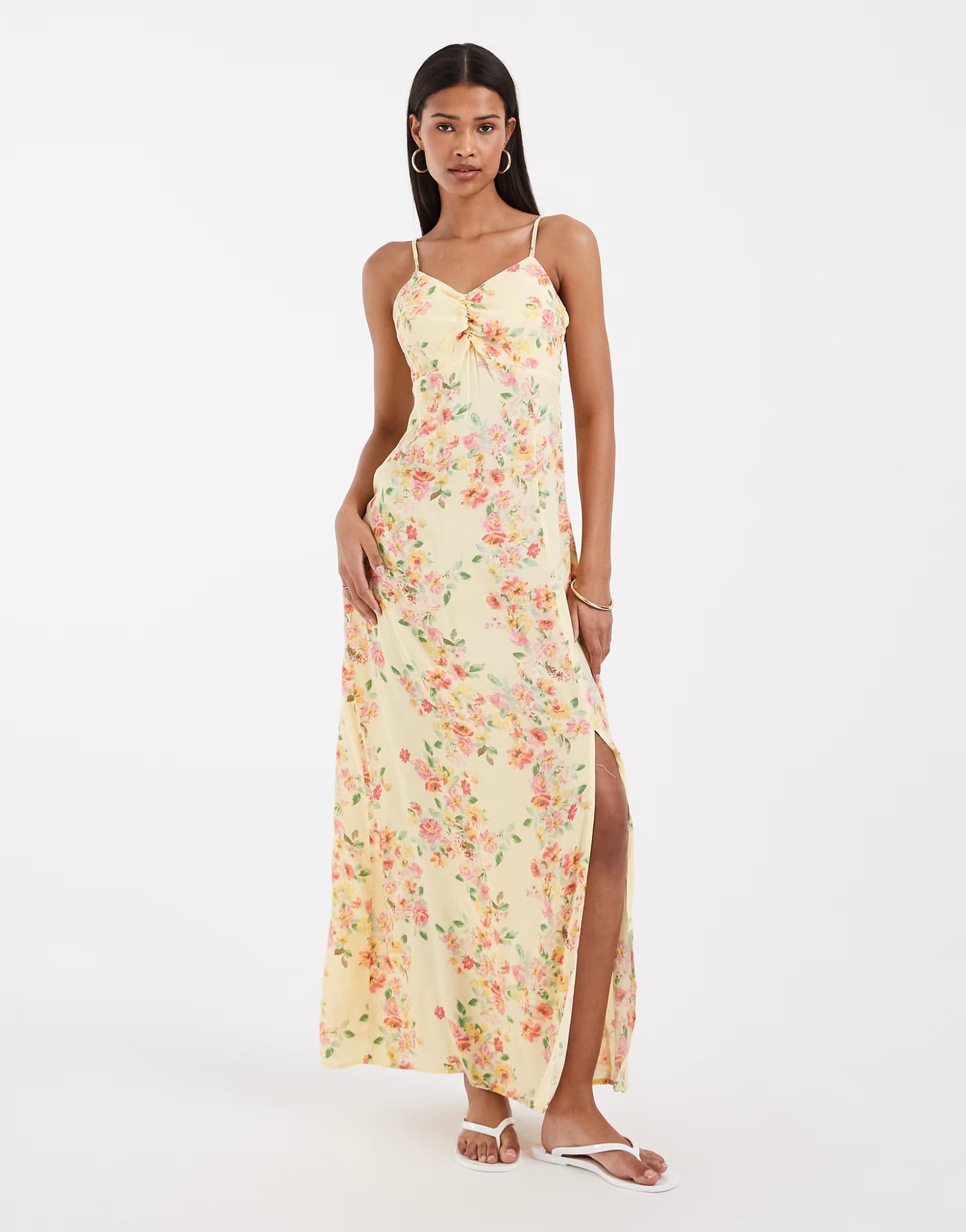 ASOS Vero Moda ruched bust detail cami midi dress in yellow based floral print