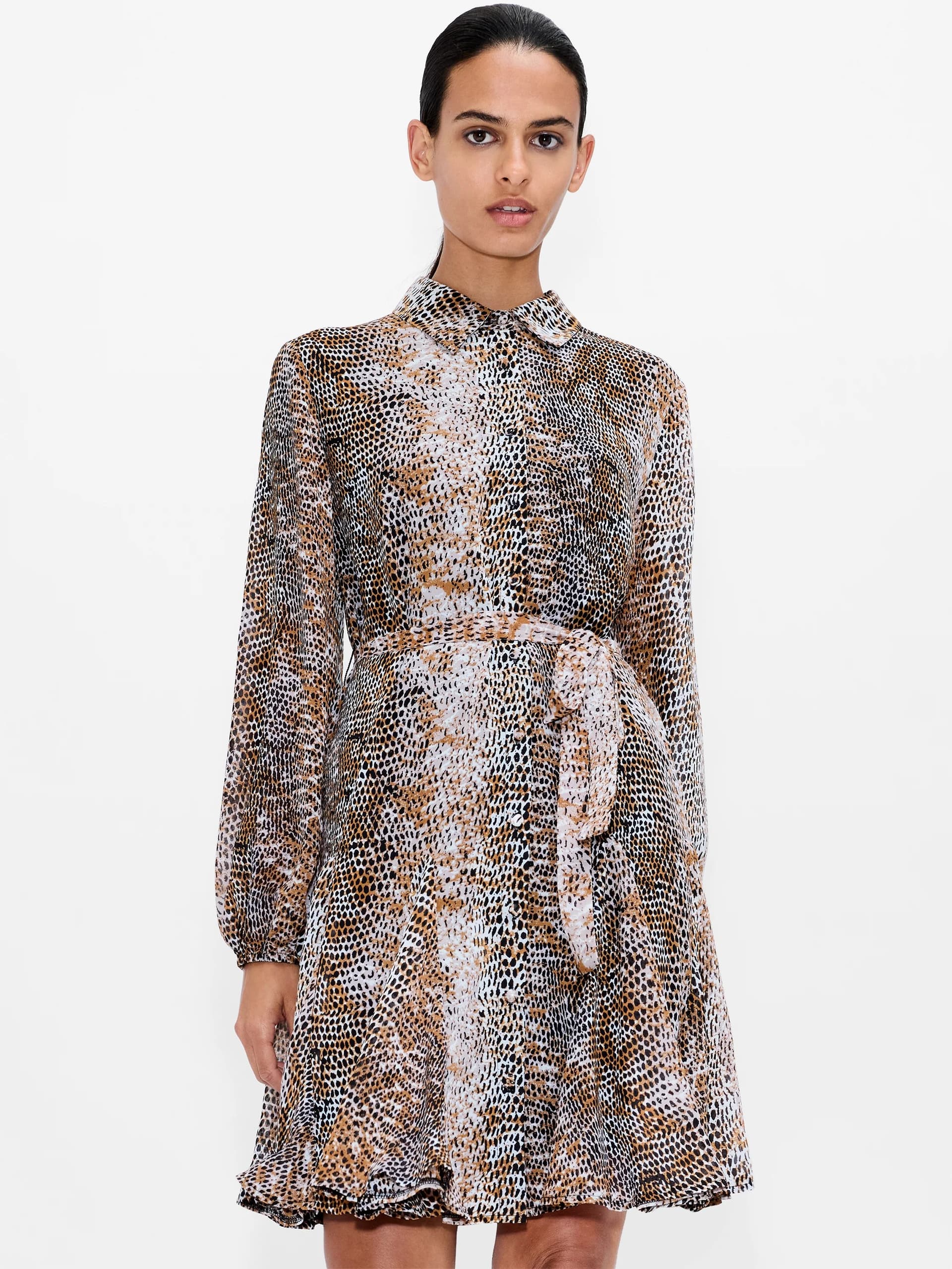 French Connection Chiffon Snake Print Belted Mini Shirt Dress Snake Brown