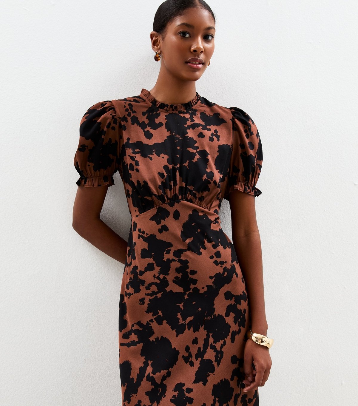 New Look Women's Brown Cow Print Crepe Short Sleeve Midi Dress New Look - 3