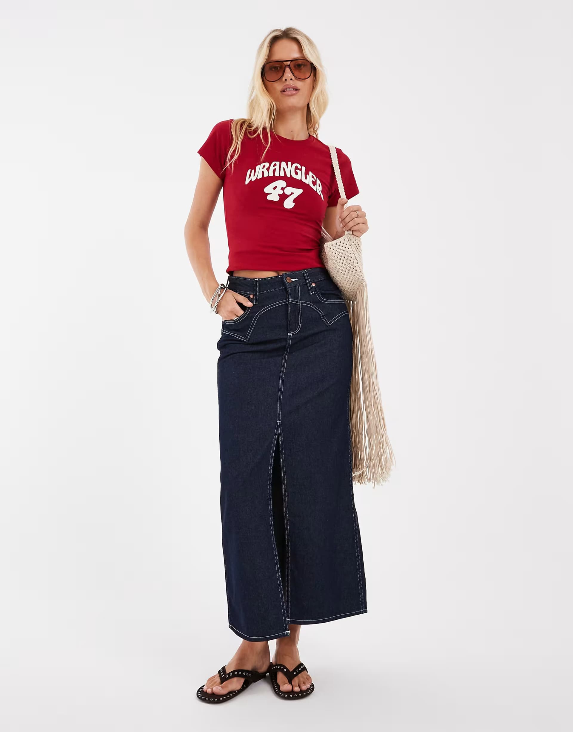 ASOS Wrangler western midi skirt in denim dark blue