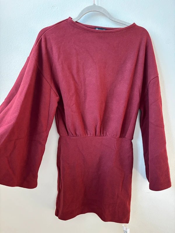 ASOS ASOS supersoft wide long sleeve blouson mini dress in burgundy / red XS - 1