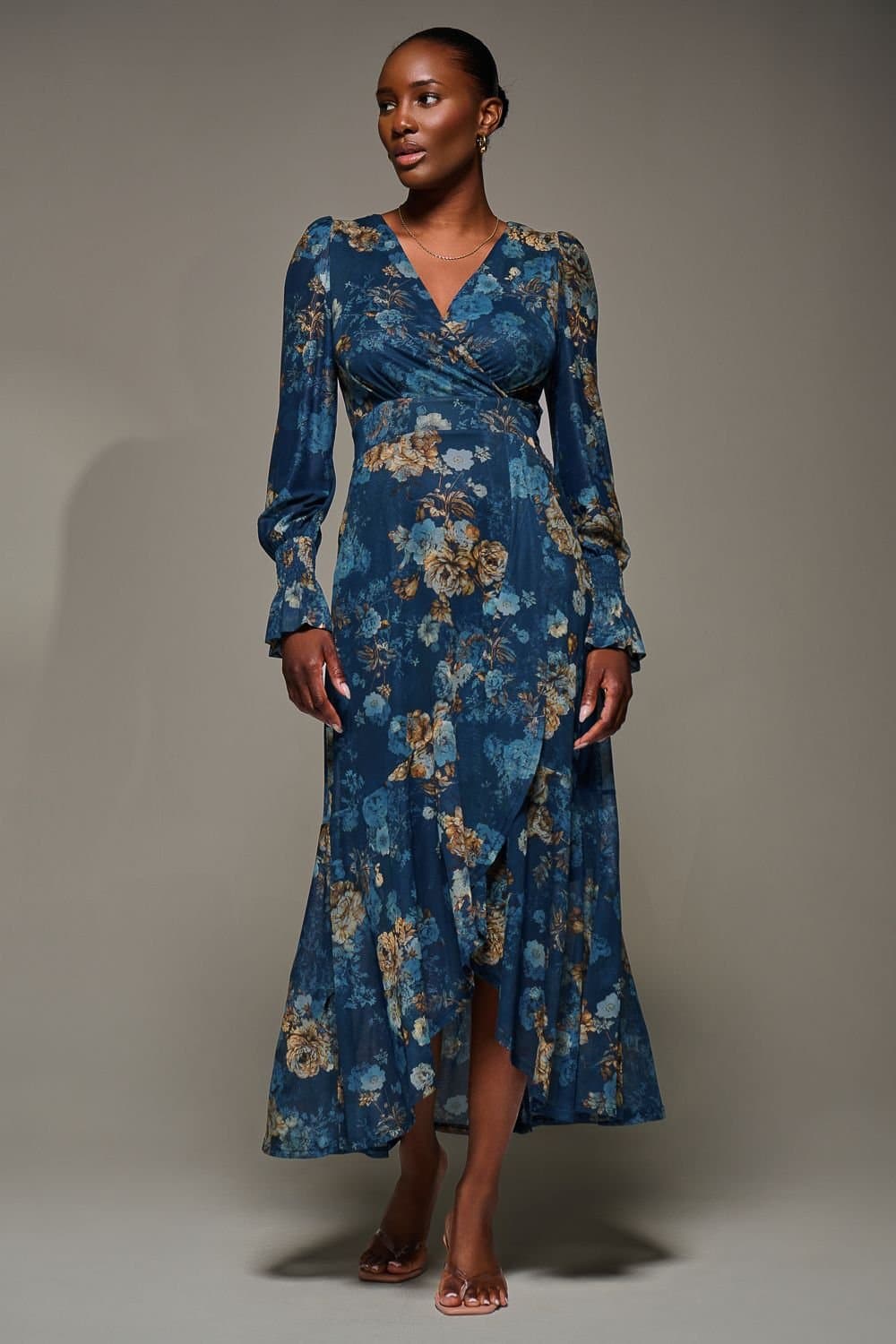 Jolie Moi Jolie Moi Women's Long Sleeve Frill Hem Mesh Maxi Dress in Navy