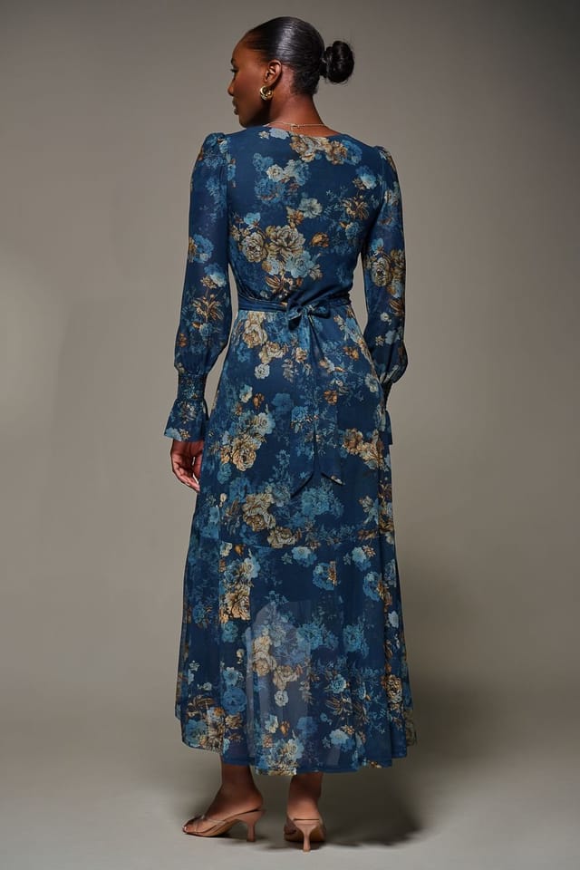 Jolie Moi Jolie Moi Women's Long Sleeve Frill Hem Mesh Maxi Dress in Navy - 2