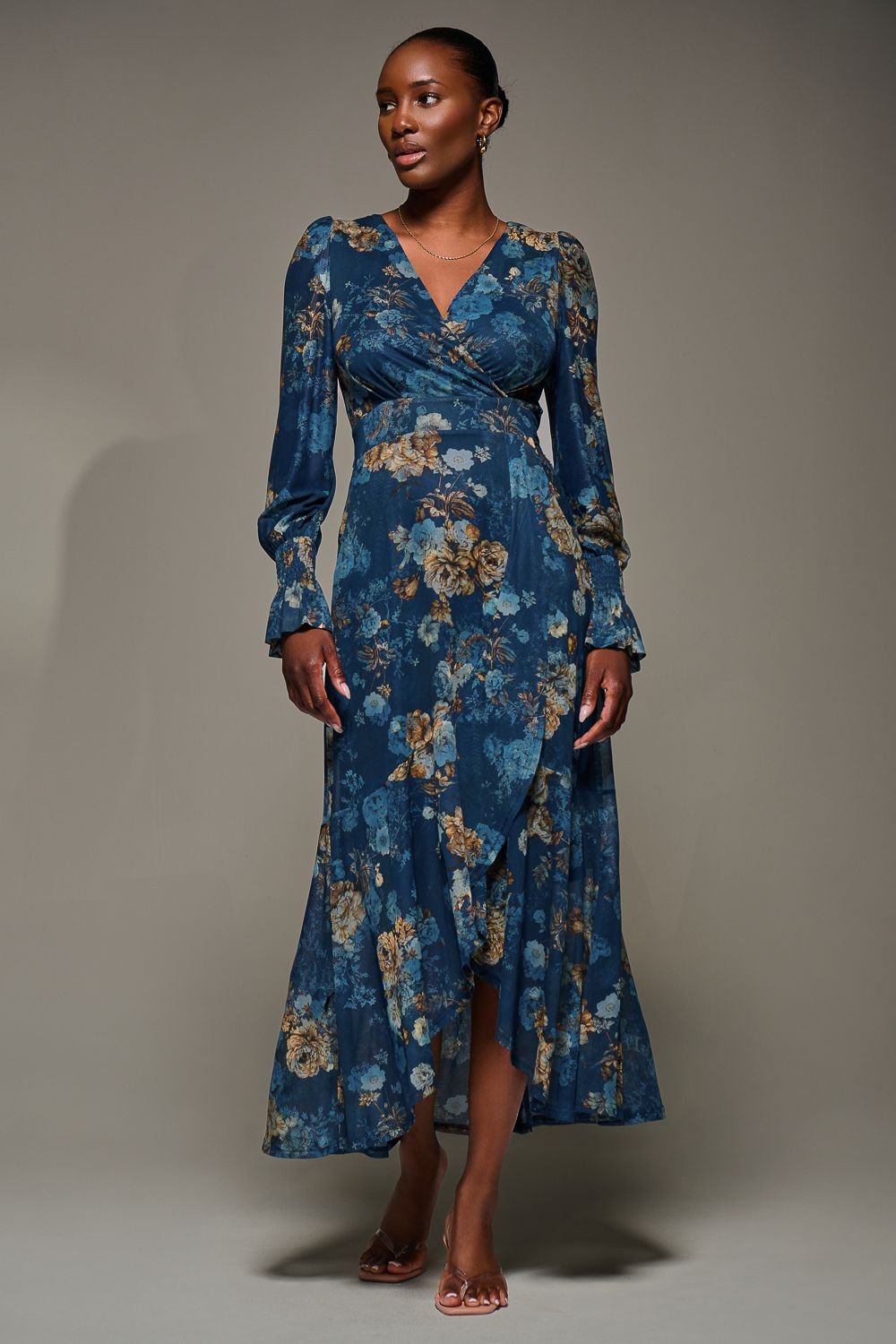 Jolie Moi Jolie Moi Women's Long Sleeve Frill Hem Mesh Maxi Dress in Navy - 4