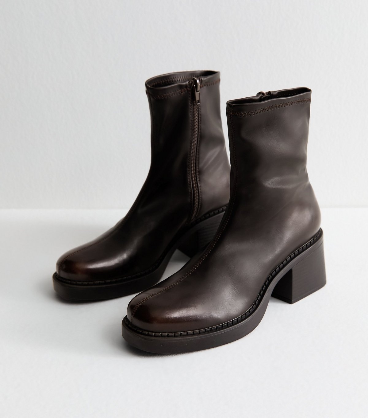 New Look Women's Brown Chunky Block Heel Ankle Boots Vegan New Look - 3