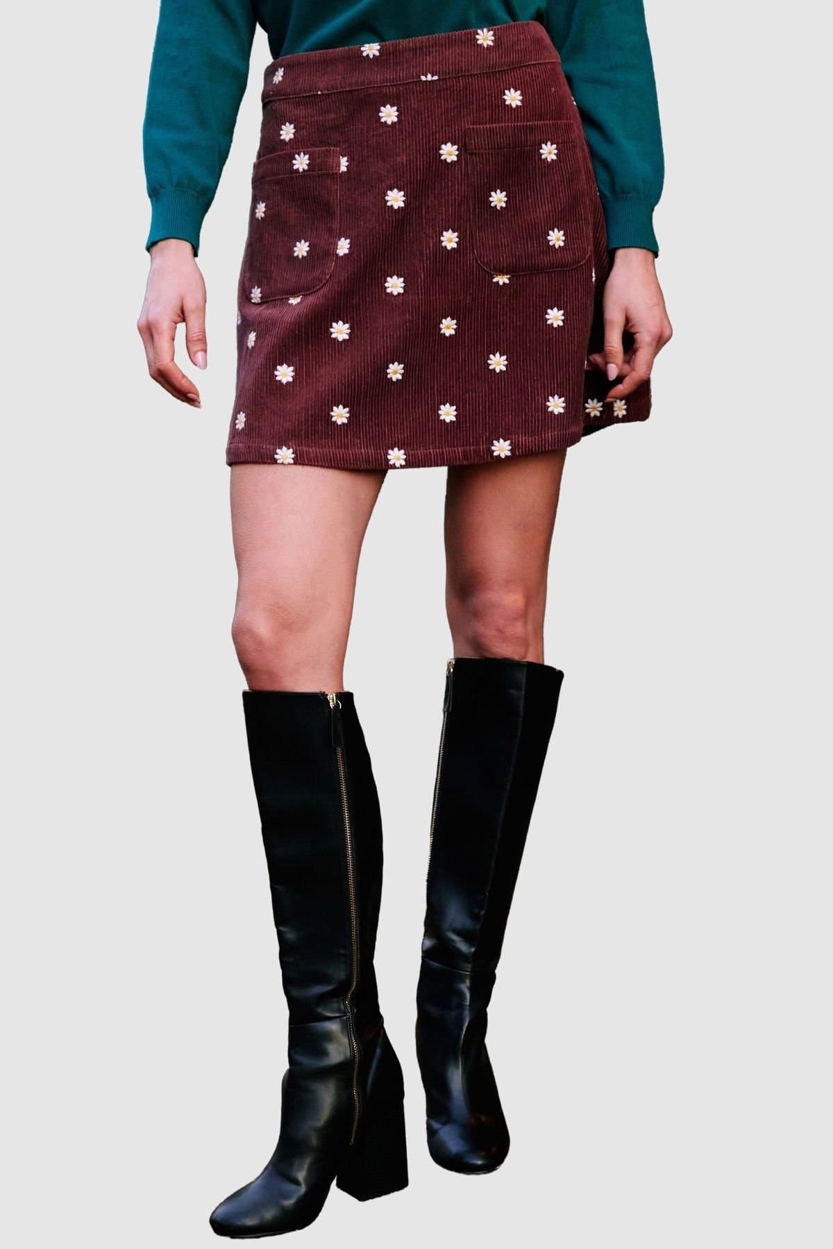 Yumi Yumi Women's Embroidered Cord Mini Skirt in Chocolate