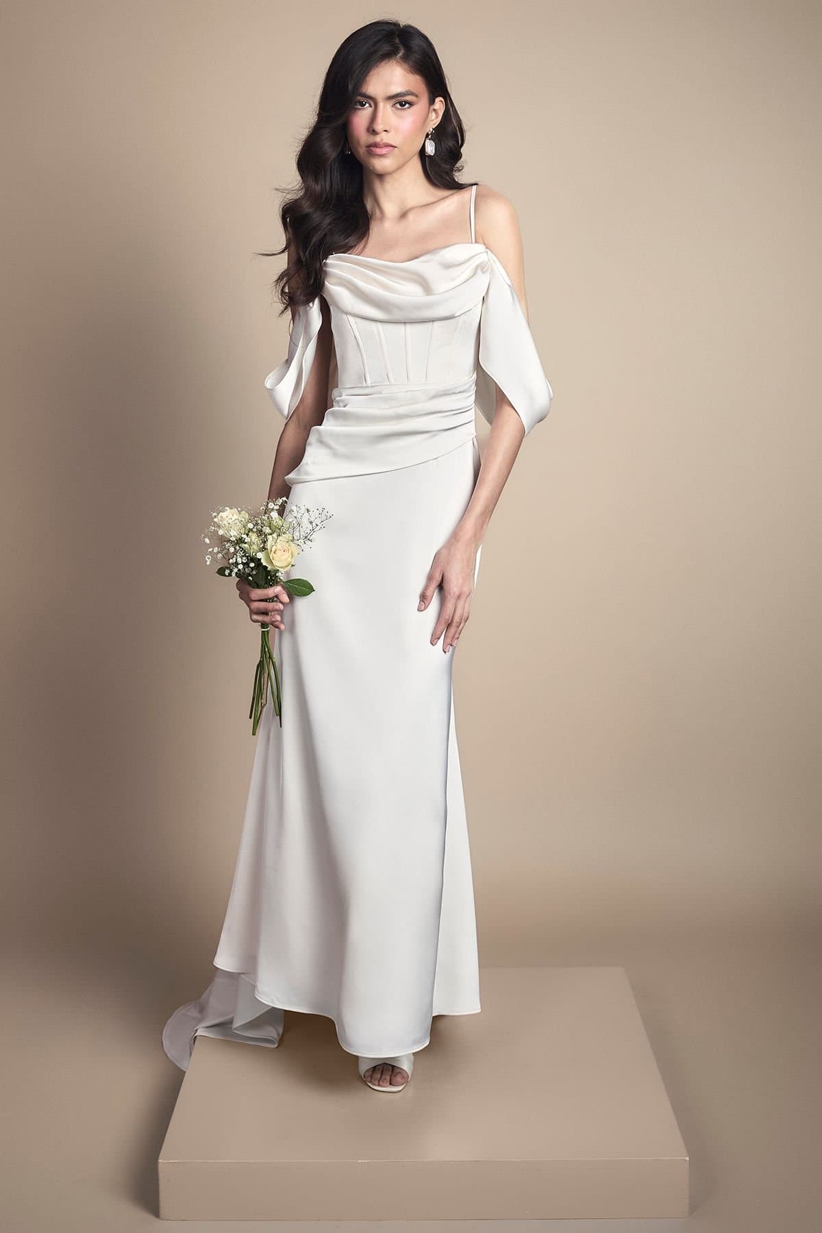 Coast Coast Women's Petite Cowl Neck Corset Drape Satin Maxi Wedding Dress in Oyster