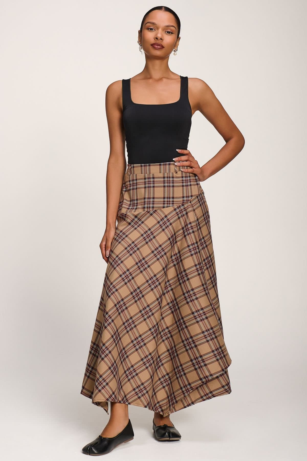 Jolie Moi Jolie Moi Women's Check Asymmetric Woven Maxi Skirt