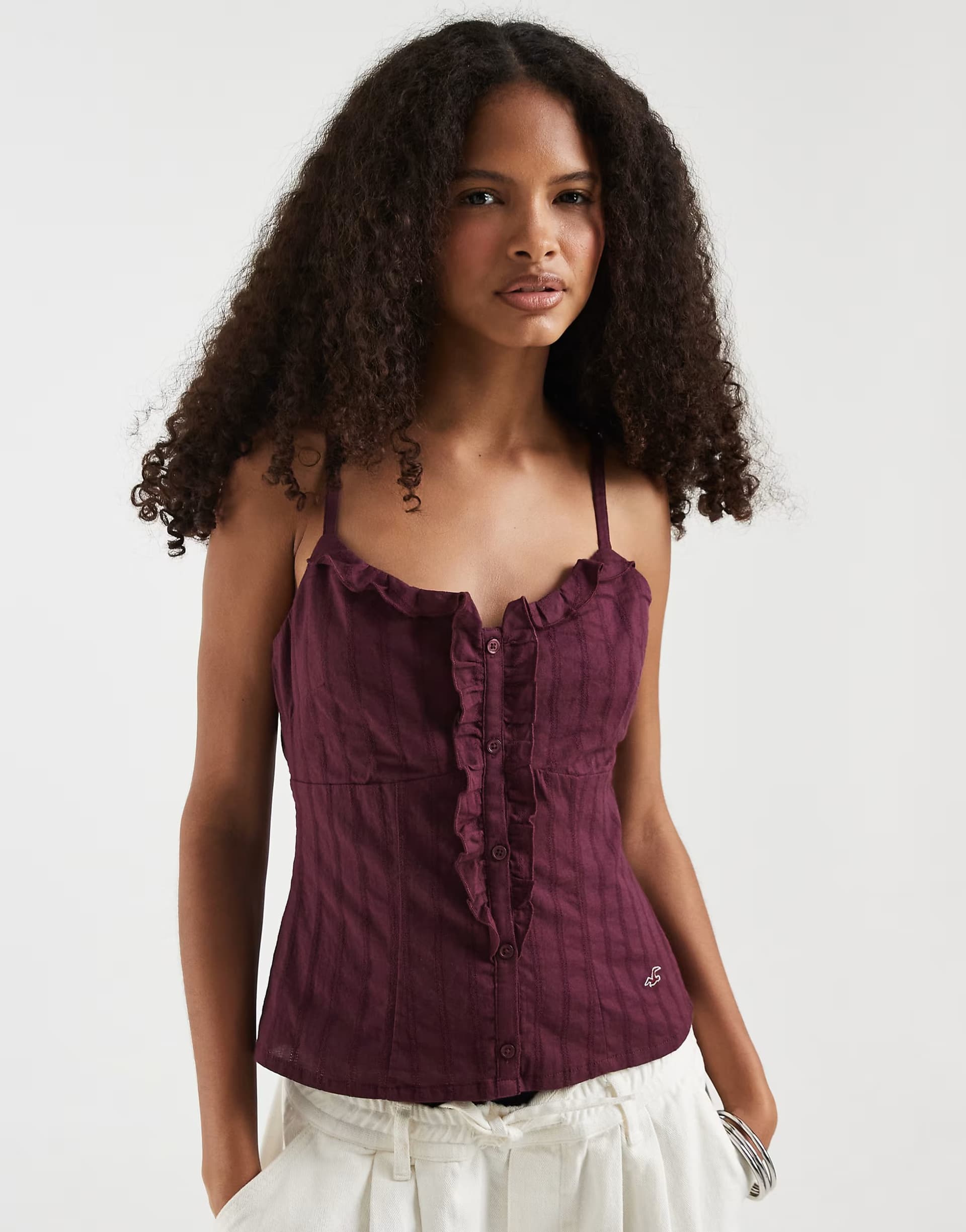 ASOS Hollister v neck ruffle front cami in burgundy