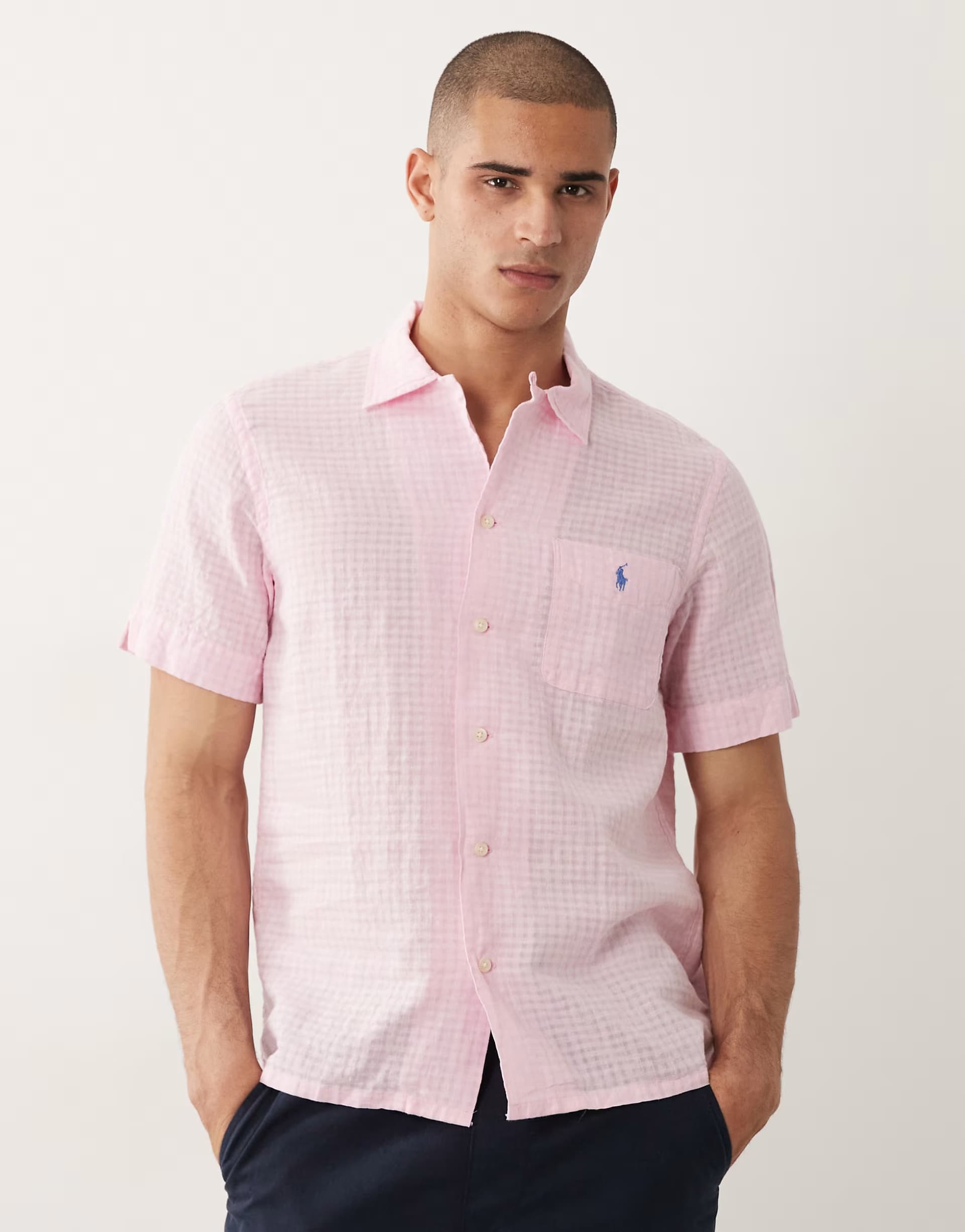 ASOS Polo Ralph Lauren icon logo short sleeve seersucker linen shirt in pink