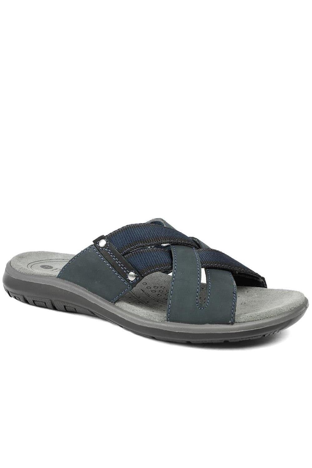 Pavers Pavers Men's Leather Cross Strap Slip On Sandals in Navy