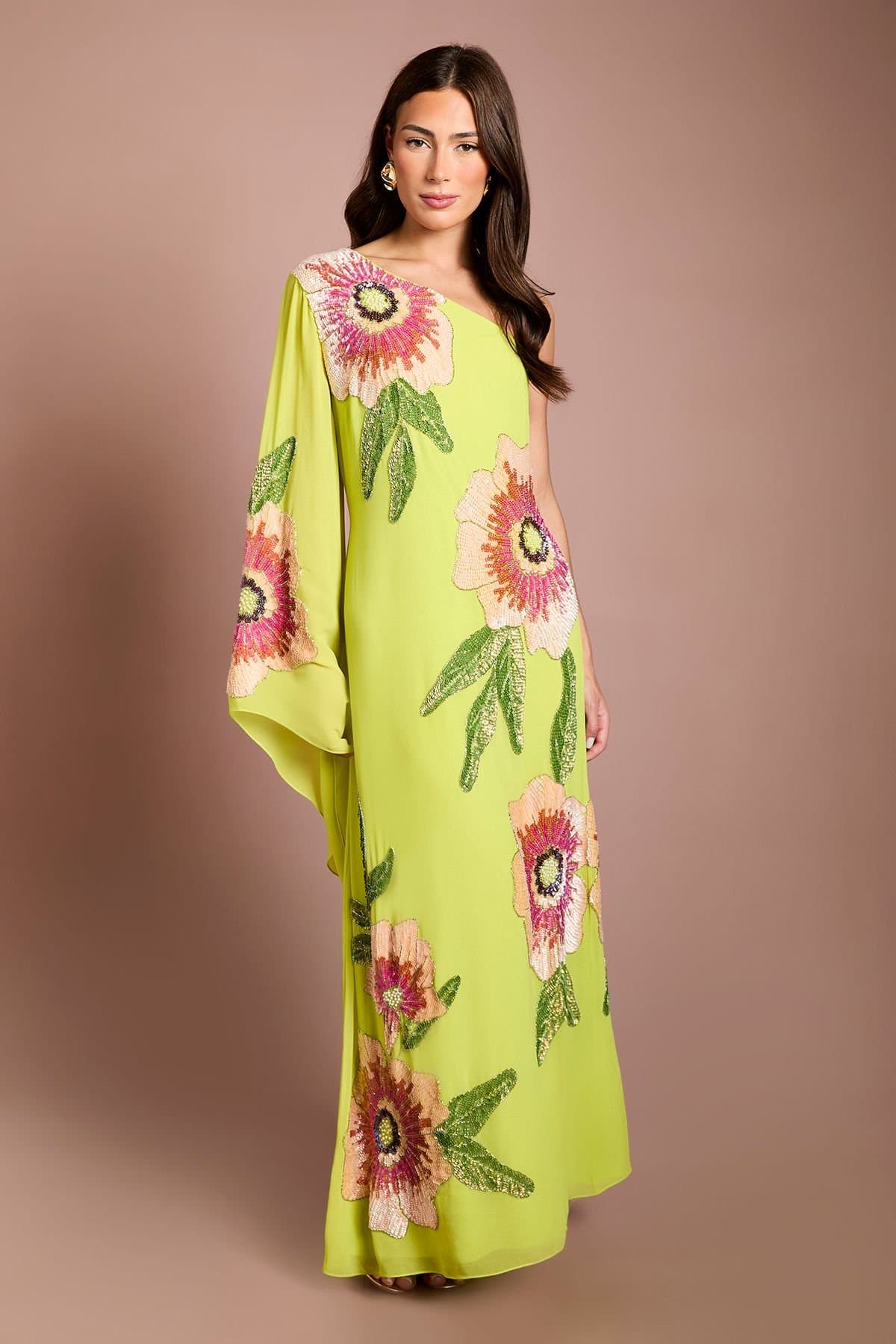 Coast Coast Women's Muse One Shoulder Floral Embellished Maxi Dress in Chartreuse