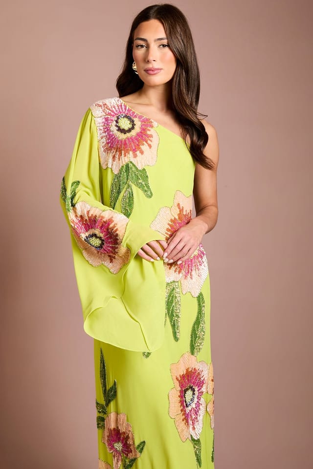 Coast Coast Women's Muse One Shoulder Floral Embellished Maxi Dress in Chartreuse - 2