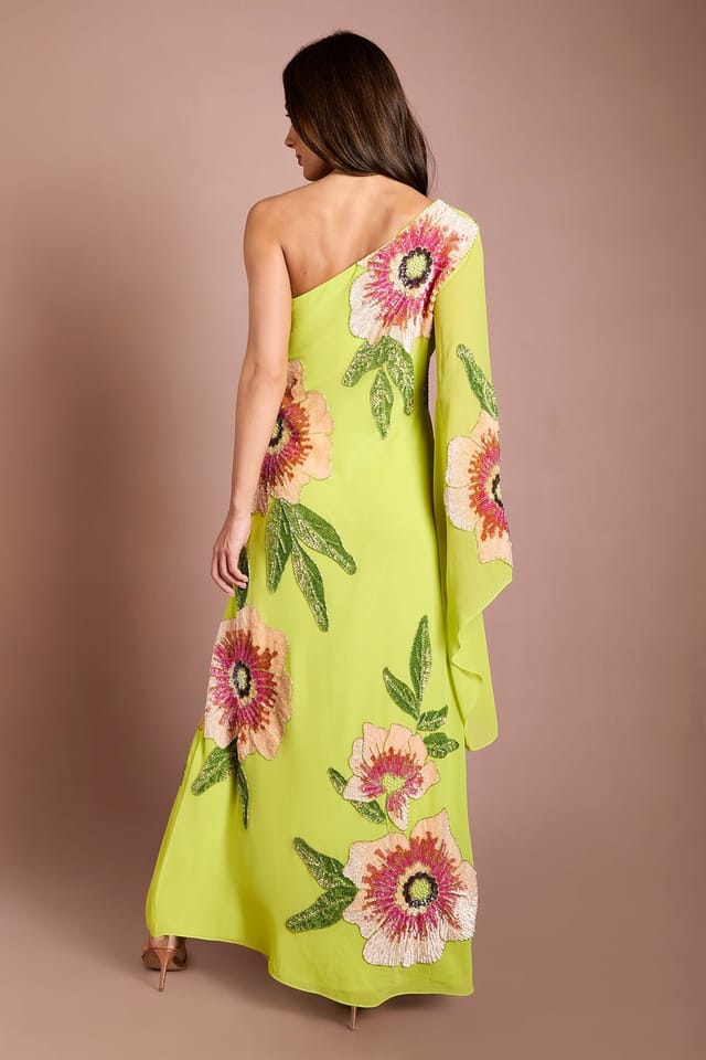 Coast Coast Women's Muse One Shoulder Floral Embellished Maxi Dress in Chartreuse - 3