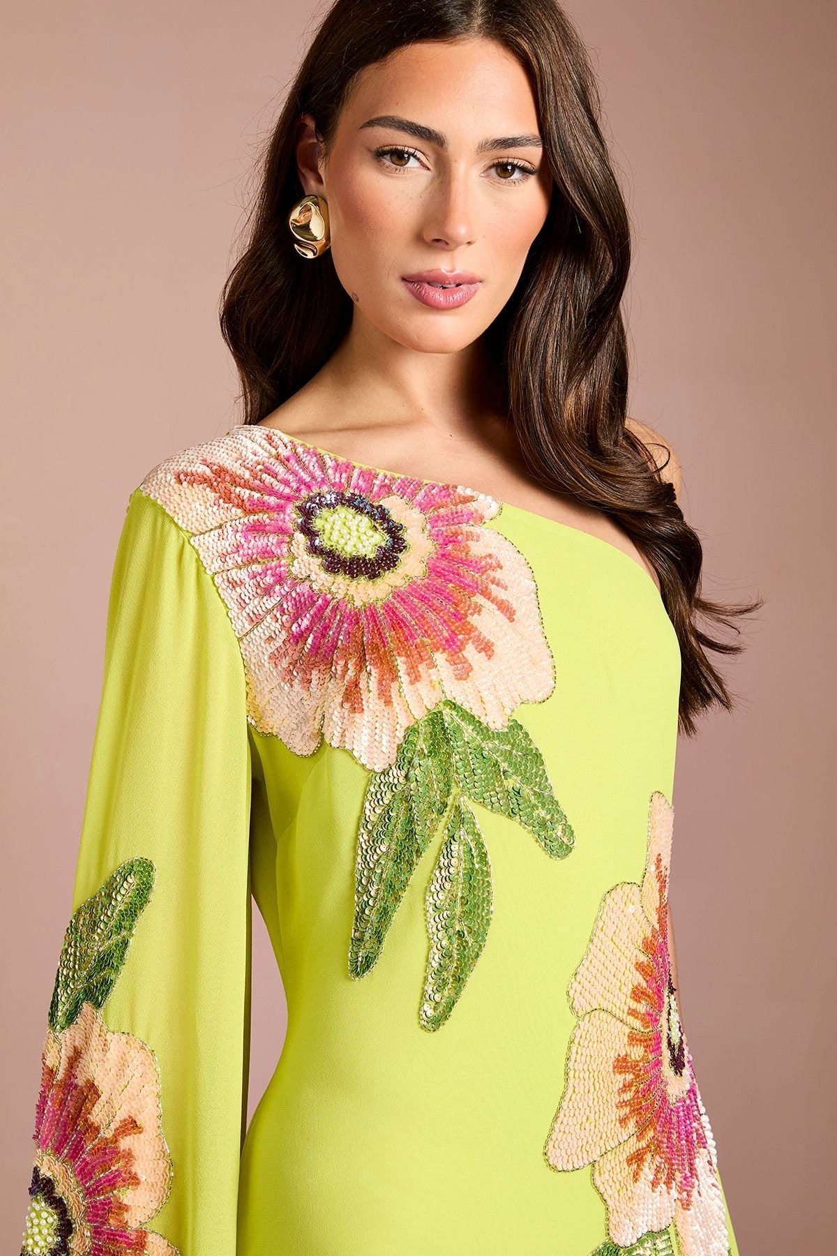Coast Coast Women's Muse One Shoulder Floral Embellished Maxi Dress in Chartreuse - 4