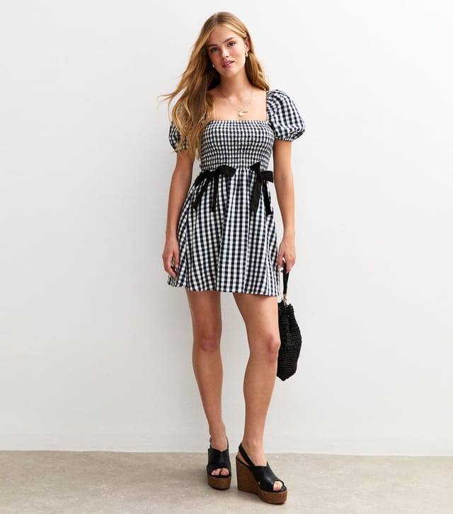New Look Women's Navy Gingham Check Bow Applique Mini Dress New Look - 2